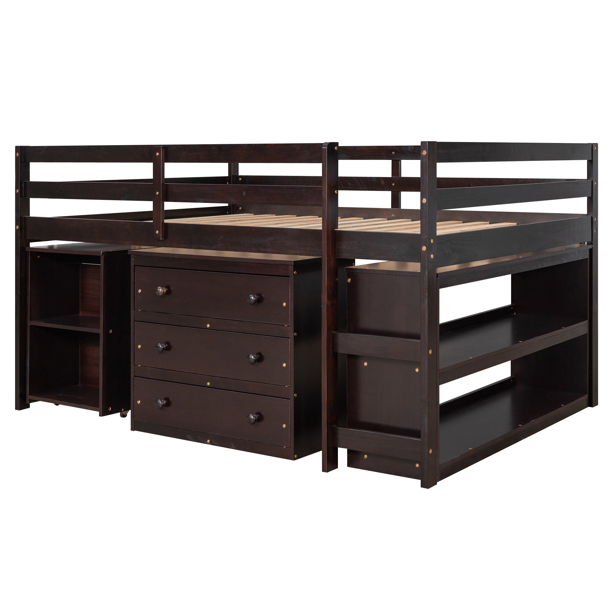 Low Study Full Loft Bed with Cabinet ; Shelves and Rolling Portable Desk ; Multiple Functions Bed