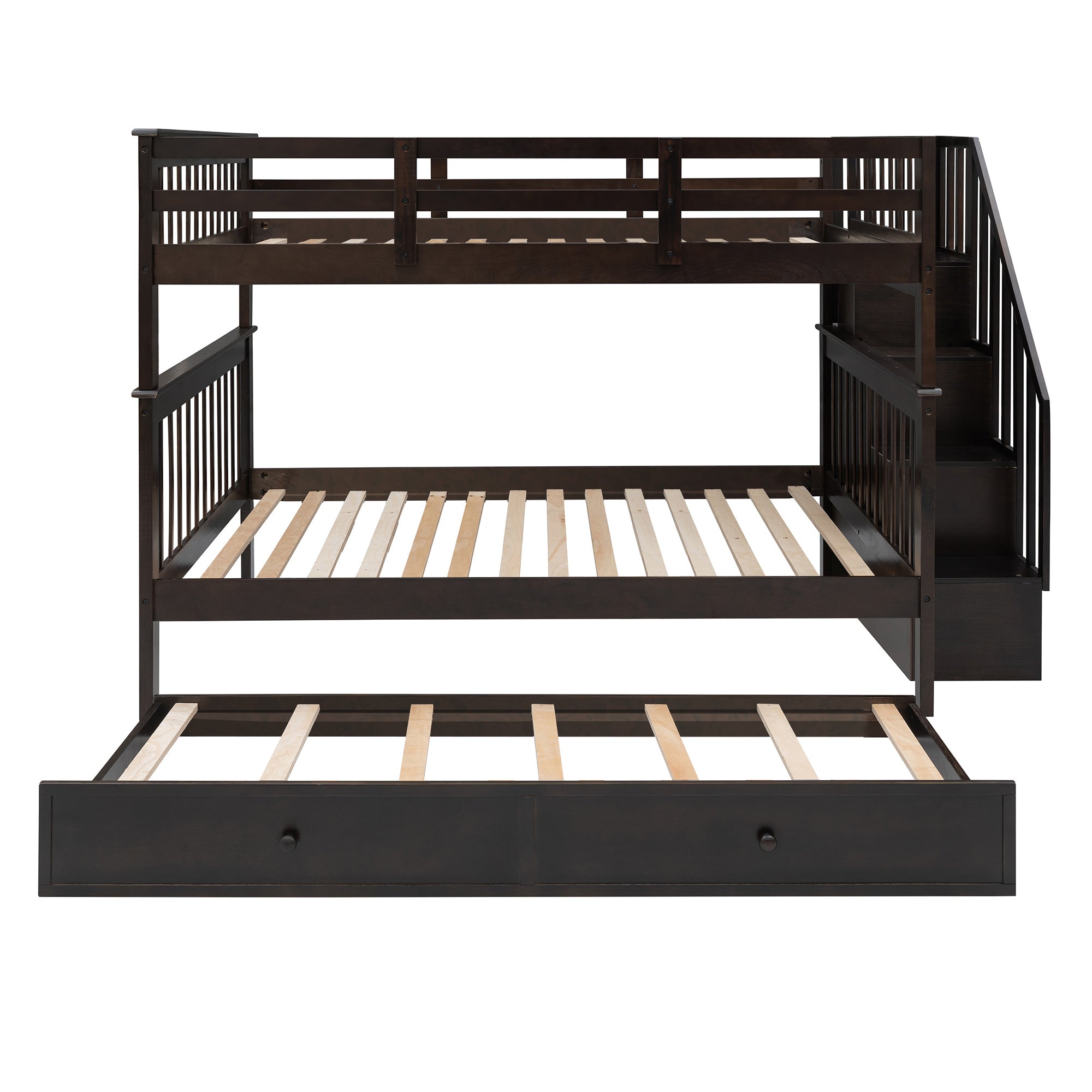 Stairway Full-Over-Full Bunk Bed with Twin size Trundle;  Storage and Guard Rail for Bedroom;  Dorm