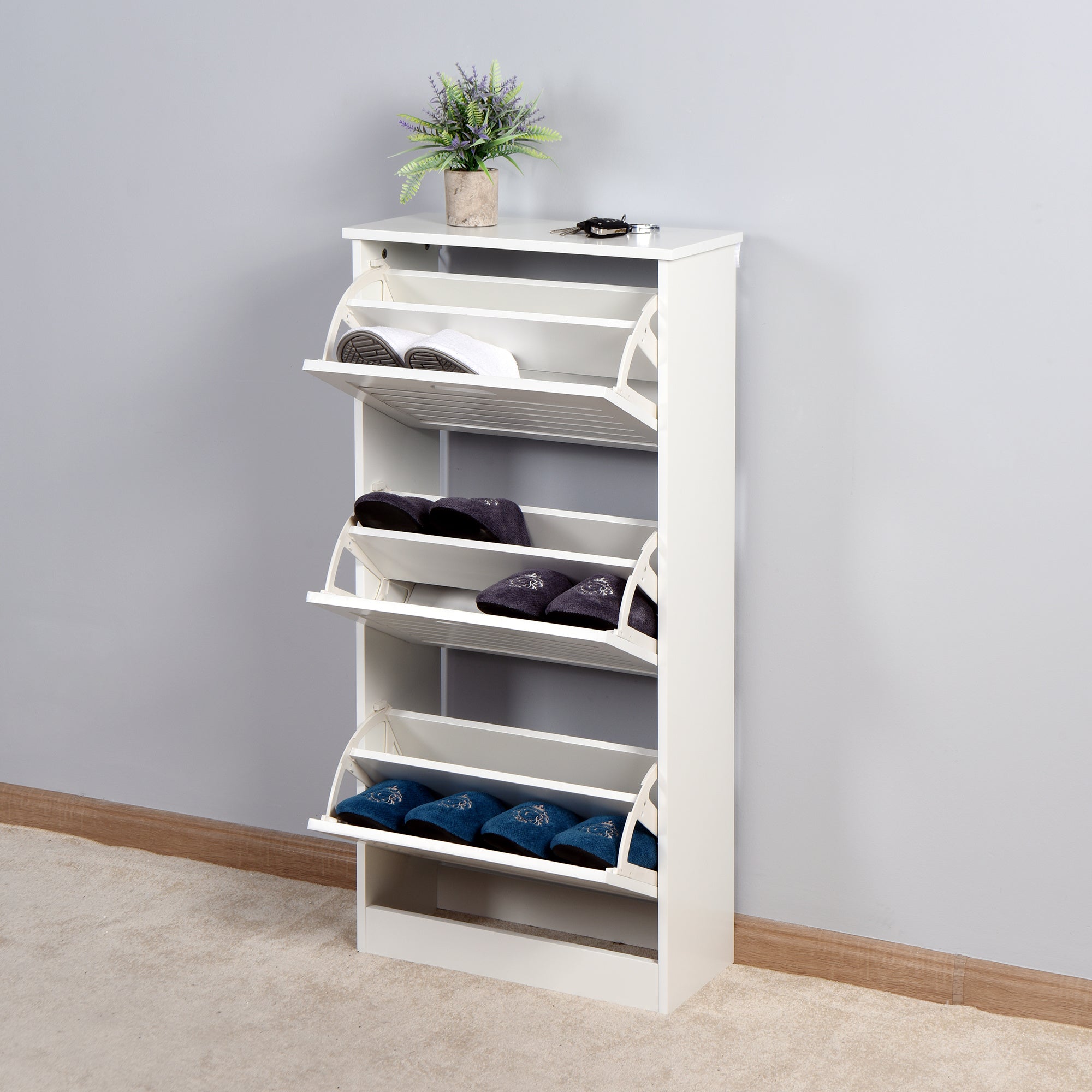 Wooden Shoe Cabinet for Entryway, White Shoe Storage Cabinet with 3 Flip Doors 20.94x9.45x43.11 inch