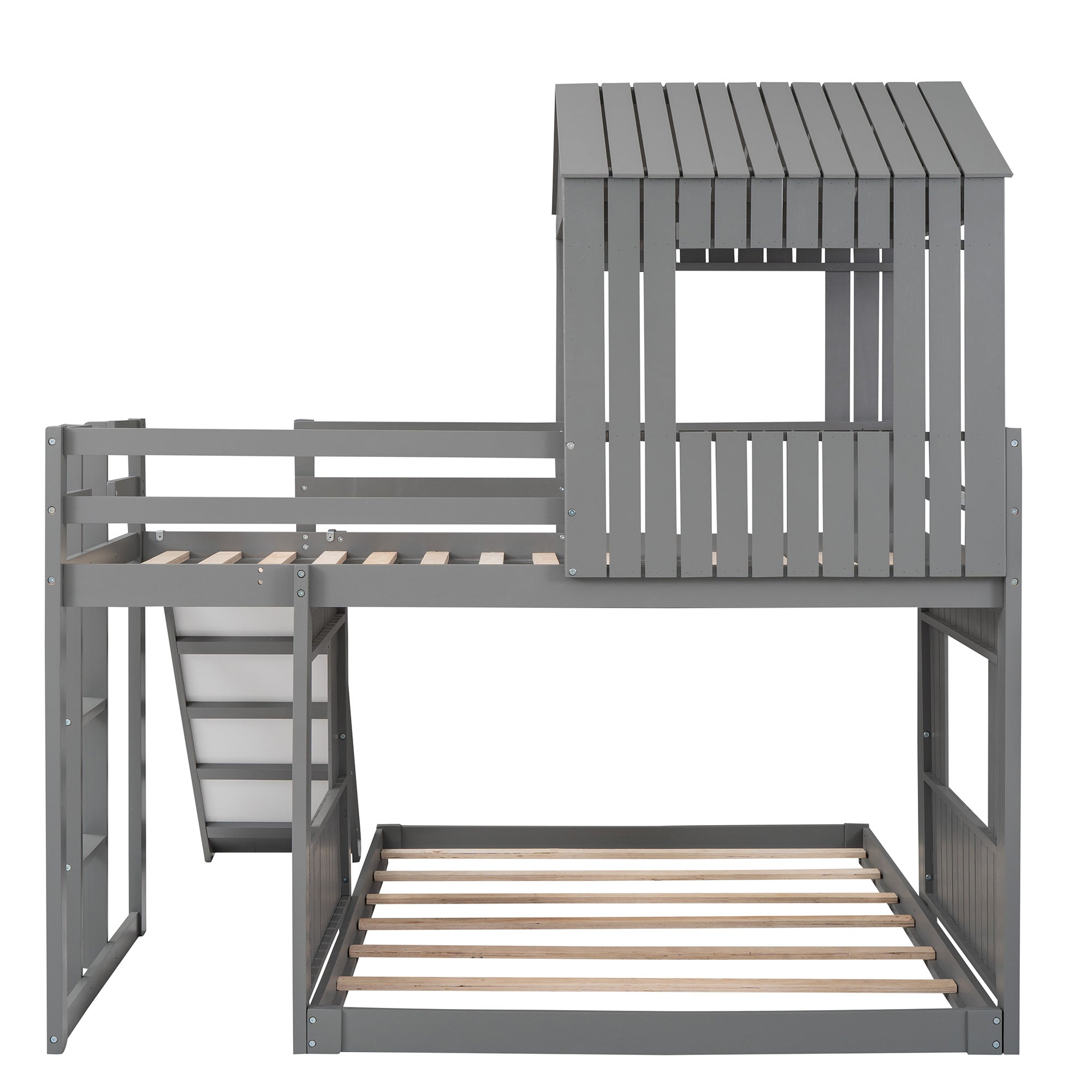 Wooden Twin Over Full Bunk Bed, Loft Bed with Playhouse, Farmhouse, Ladder, Slide and Guardrails