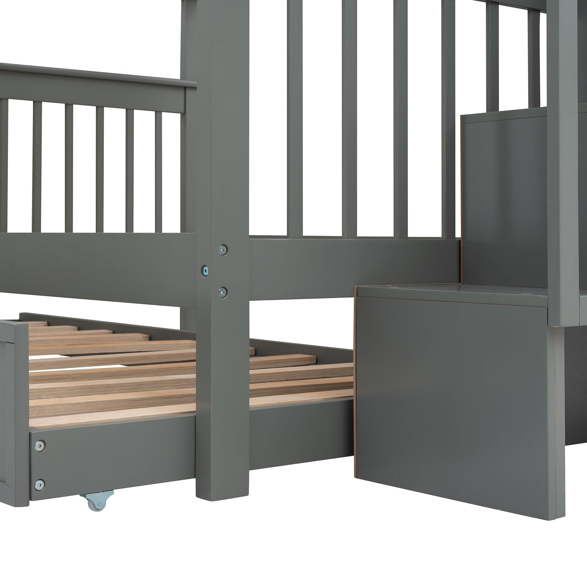 Stairway Full-Over-Full Bunk Bed with Twin size Trundle;  Storage and Guard Rail for Bedroom;  Dorm