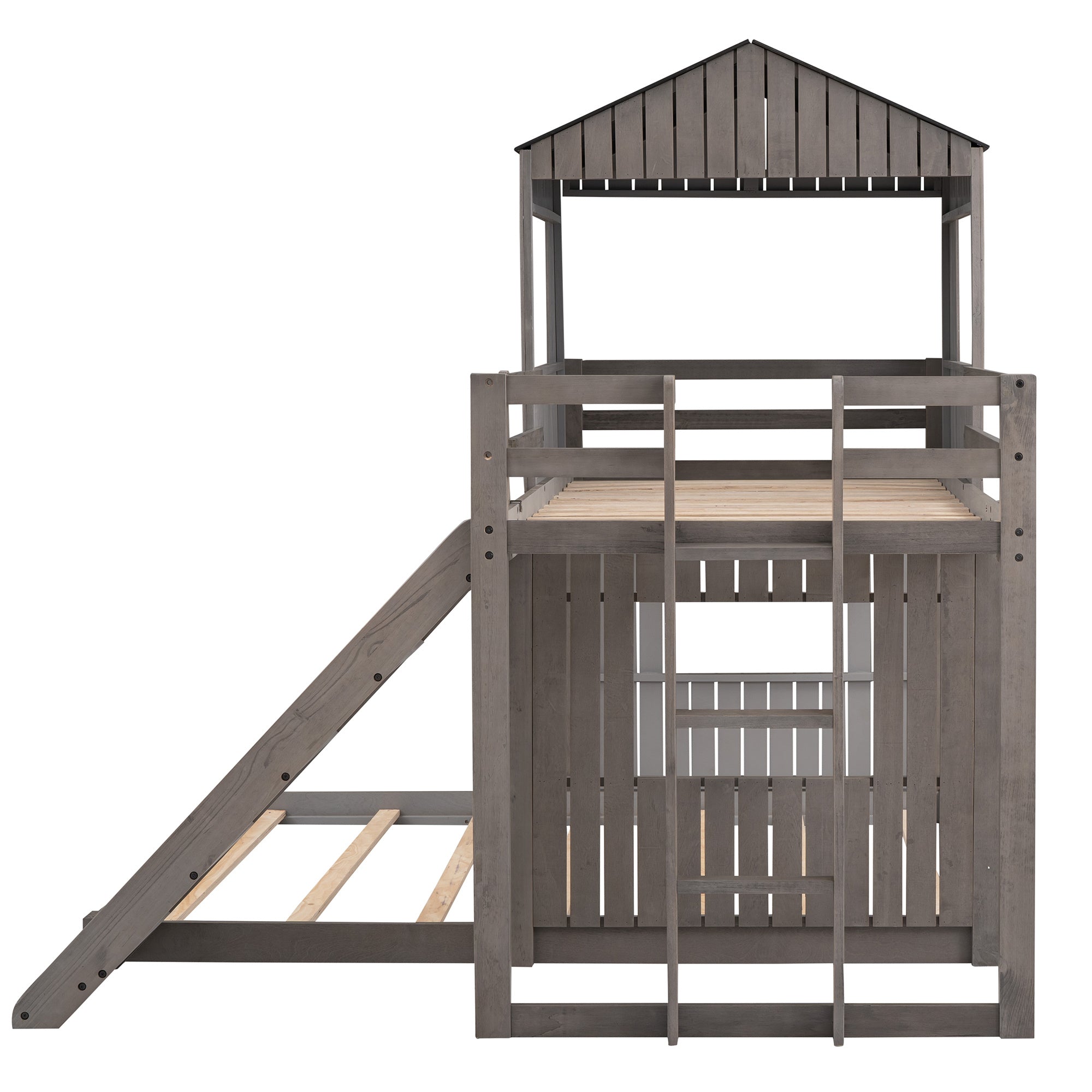 Wooden Twin Over Full Bunk Bed, Loft Bed with Playhouse, Farmhouse, Ladder, Slide and Guardrails