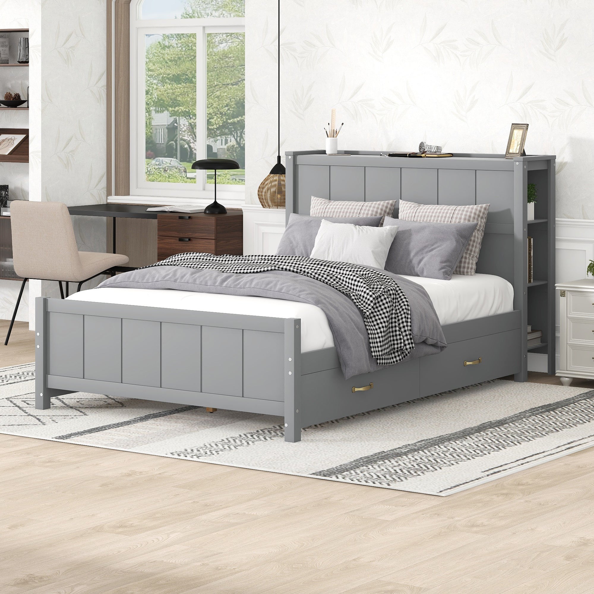 Full Size Platform Bed with Drawers and Storage Shelves