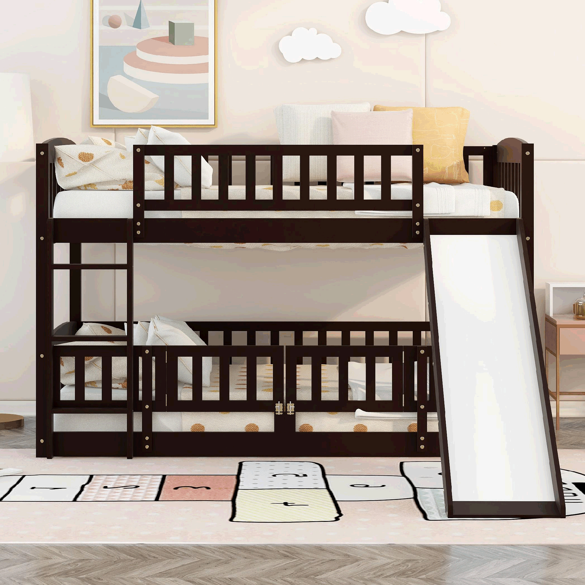 Bunk Bed with Slide; Twin Over Twin Low Bunk Bed with Fence and Ladder for Toddler Kids Teens