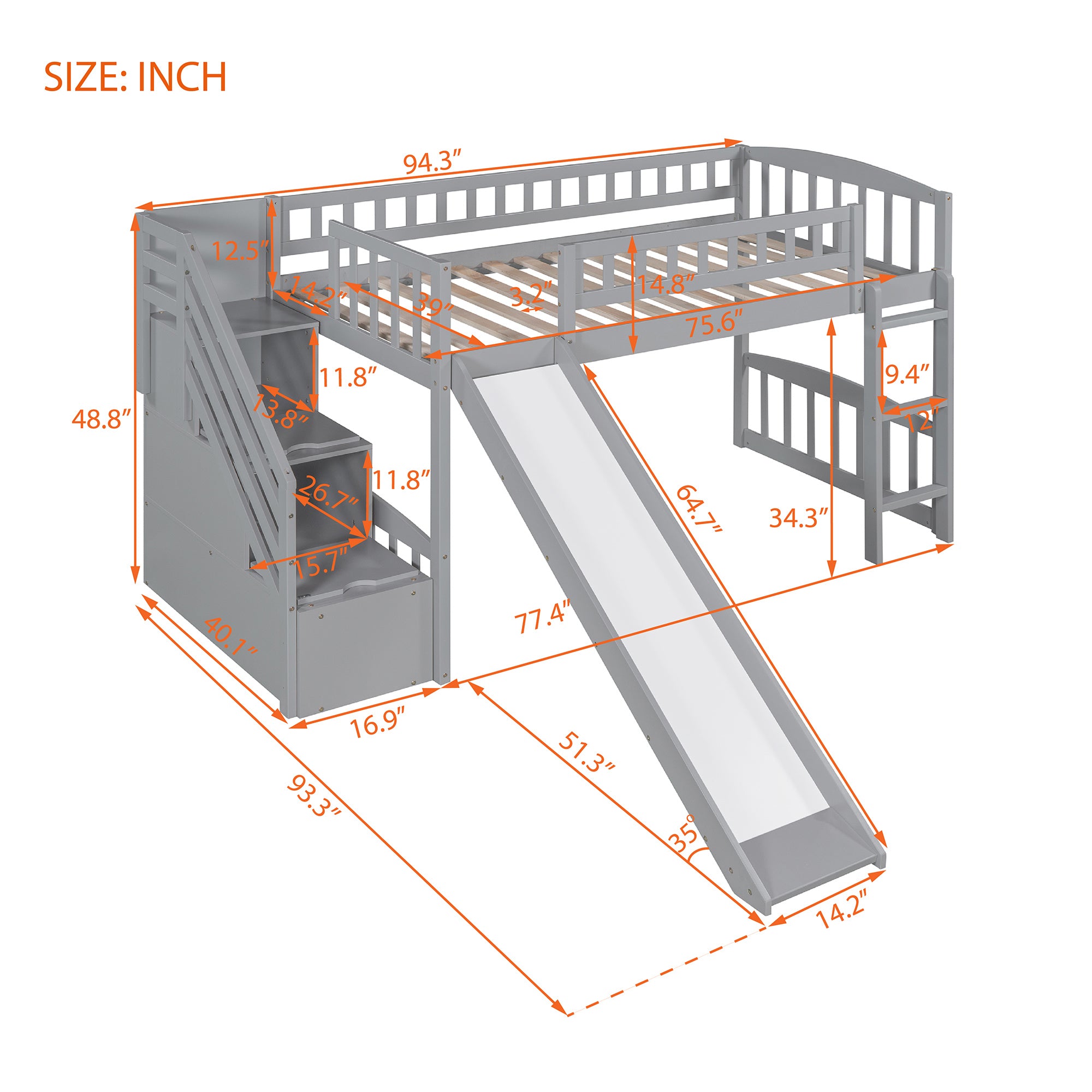 Stairway Twin Size Loft Bed with Two Drawers and Slide