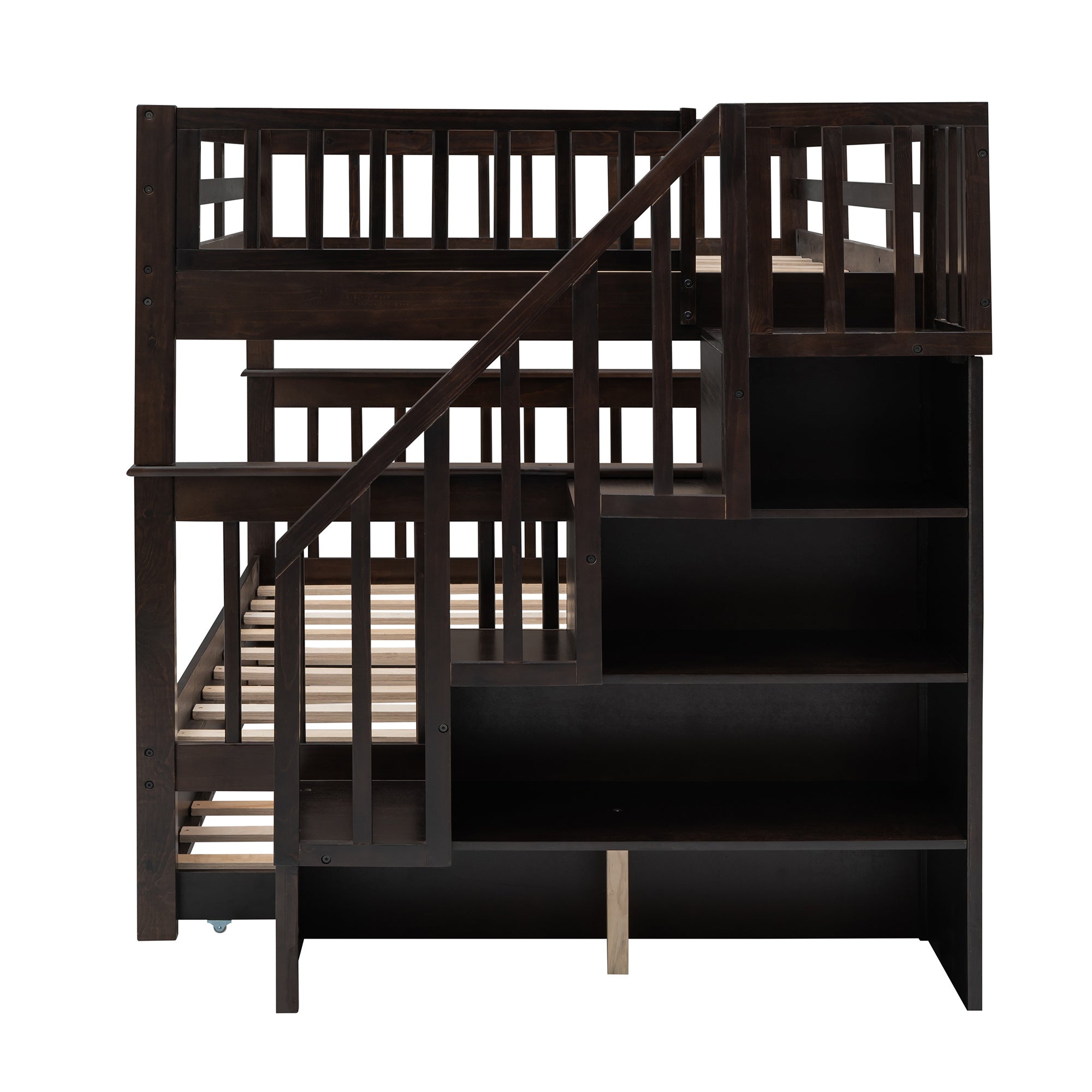 Stairway Full-Over-Full Bunk Bed with Twin size Trundle;  Storage and Guard Rail for Bedroom;  Dorm