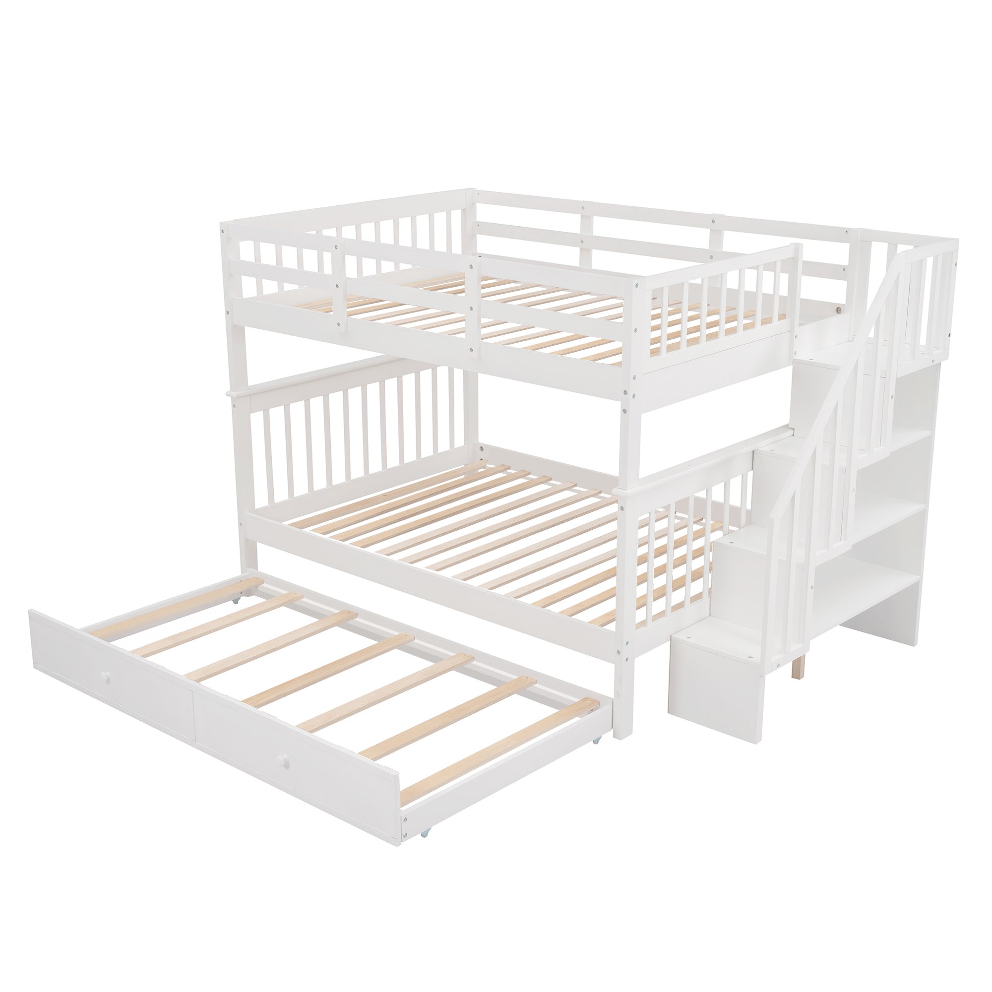 Stairway Full-Over-Full Bunk Bed with Twin size Trundle;  Storage and Guard Rail for Bedroom;  Dorm