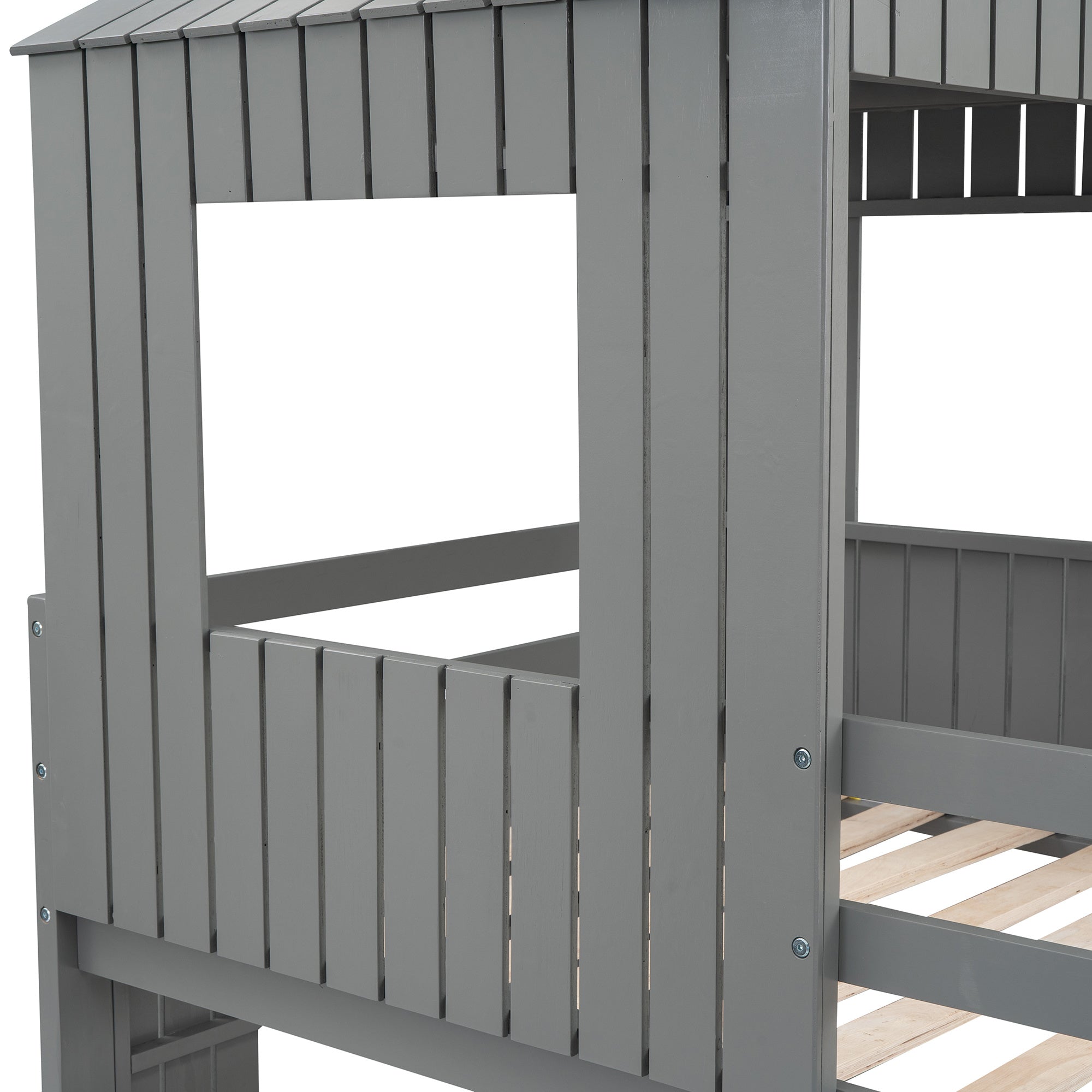 Wooden Twin Over Full Bunk Bed, Loft Bed with Playhouse, Farmhouse, Ladder, Slide and Guardrails