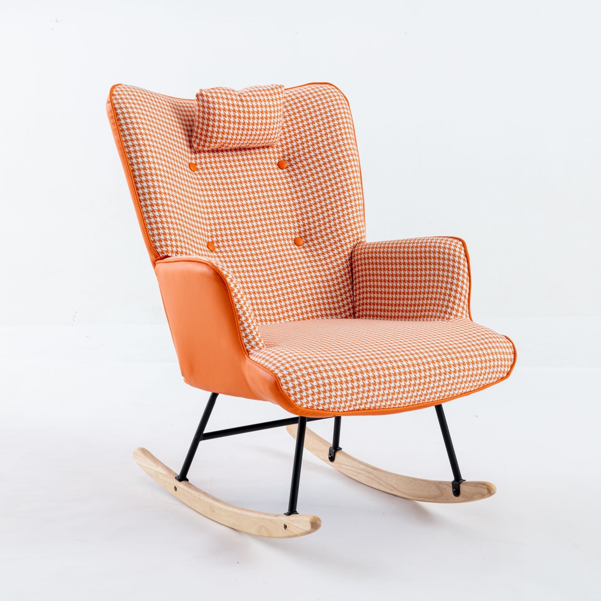 35.5 inch Rocking Chair, Soft Houndstooth Fabric Leather Fabric Rocking Chair for Nursery, Comfy Wingback Glider Rocker with Safe Solid Wood Base for Living Room Bedroom Balcony (orange)