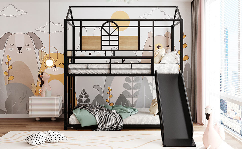 Twin Over Twin Metal Bunk Bed ,Metal Housebed With Slide