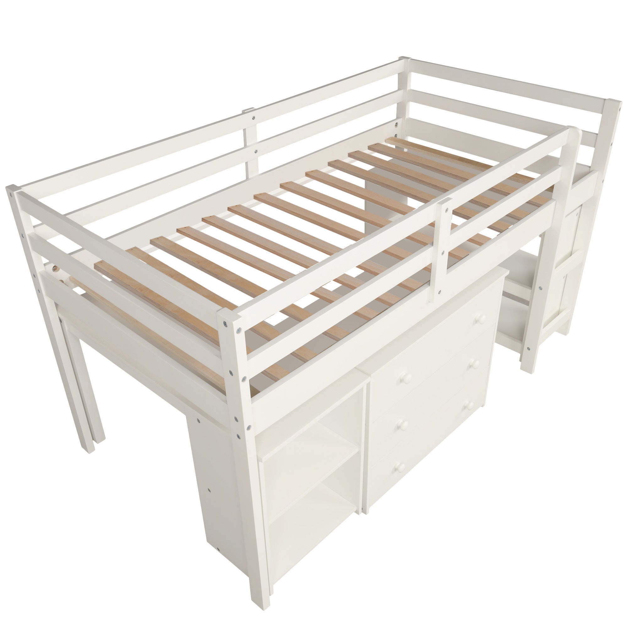 Low Study Twin Loft Bed with Cabinet and Rolling Portable Desk