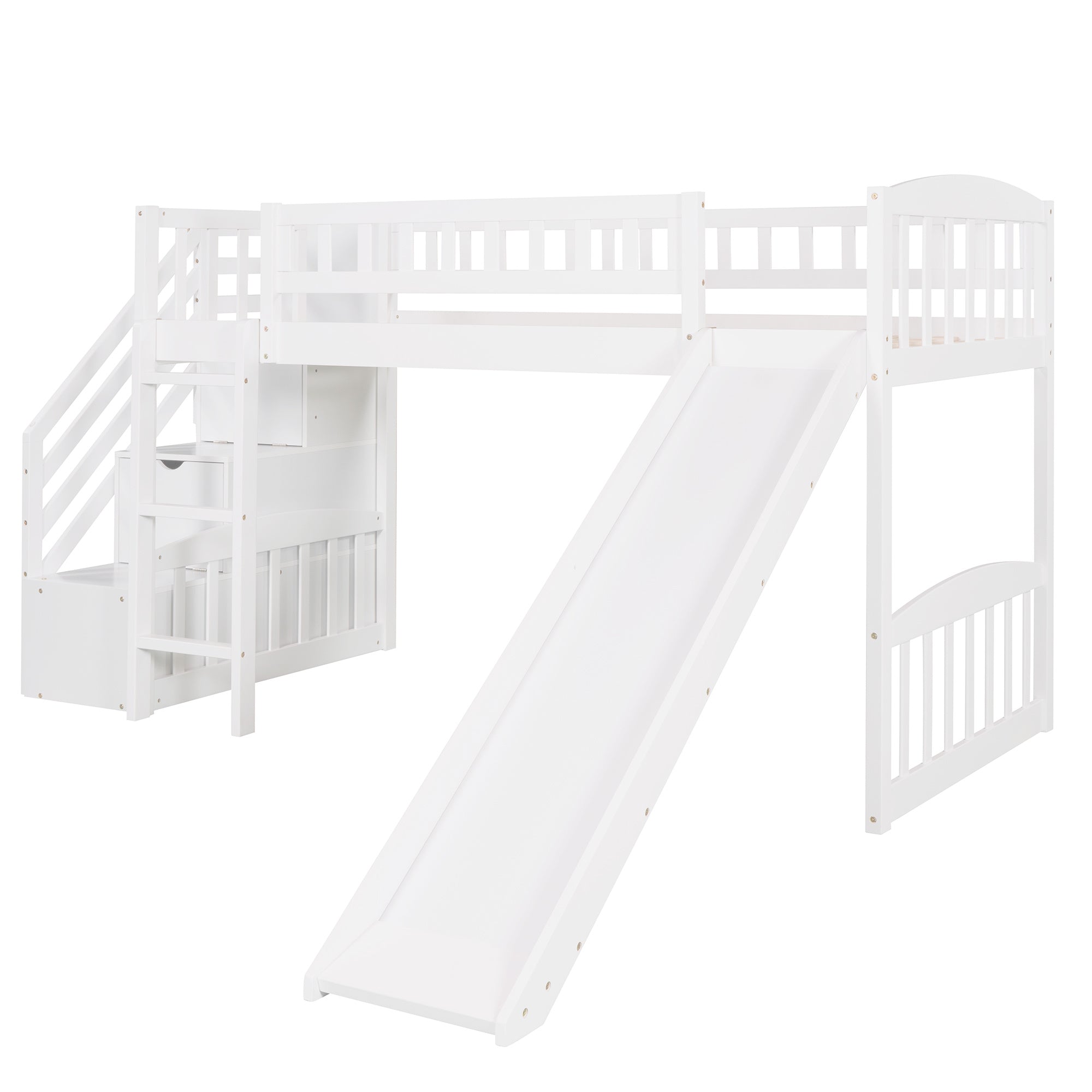 Stairway Twin Size Loft Bed with Two Drawers and Slide