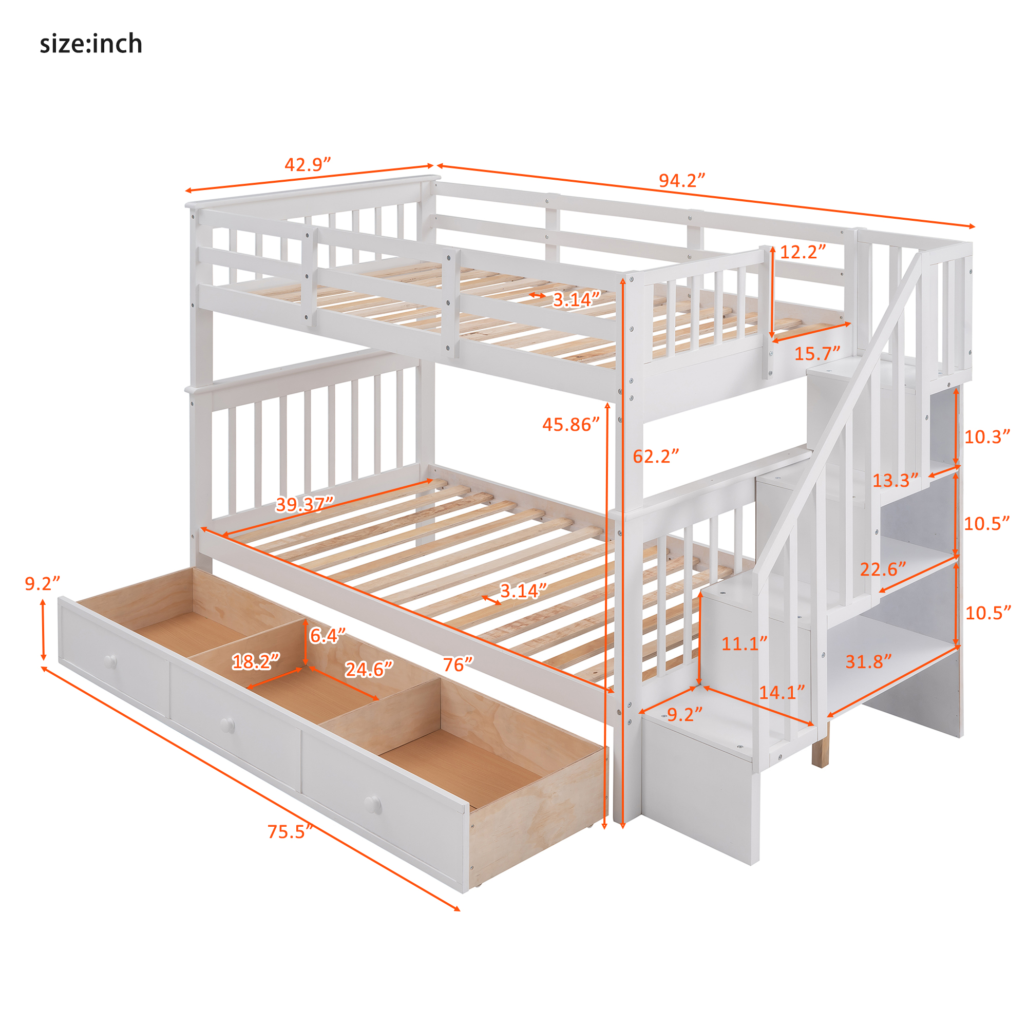 Stairway Twin-Over-Twin Bunk Bed with Three Drawers for Bedroom, Dorm - Gray