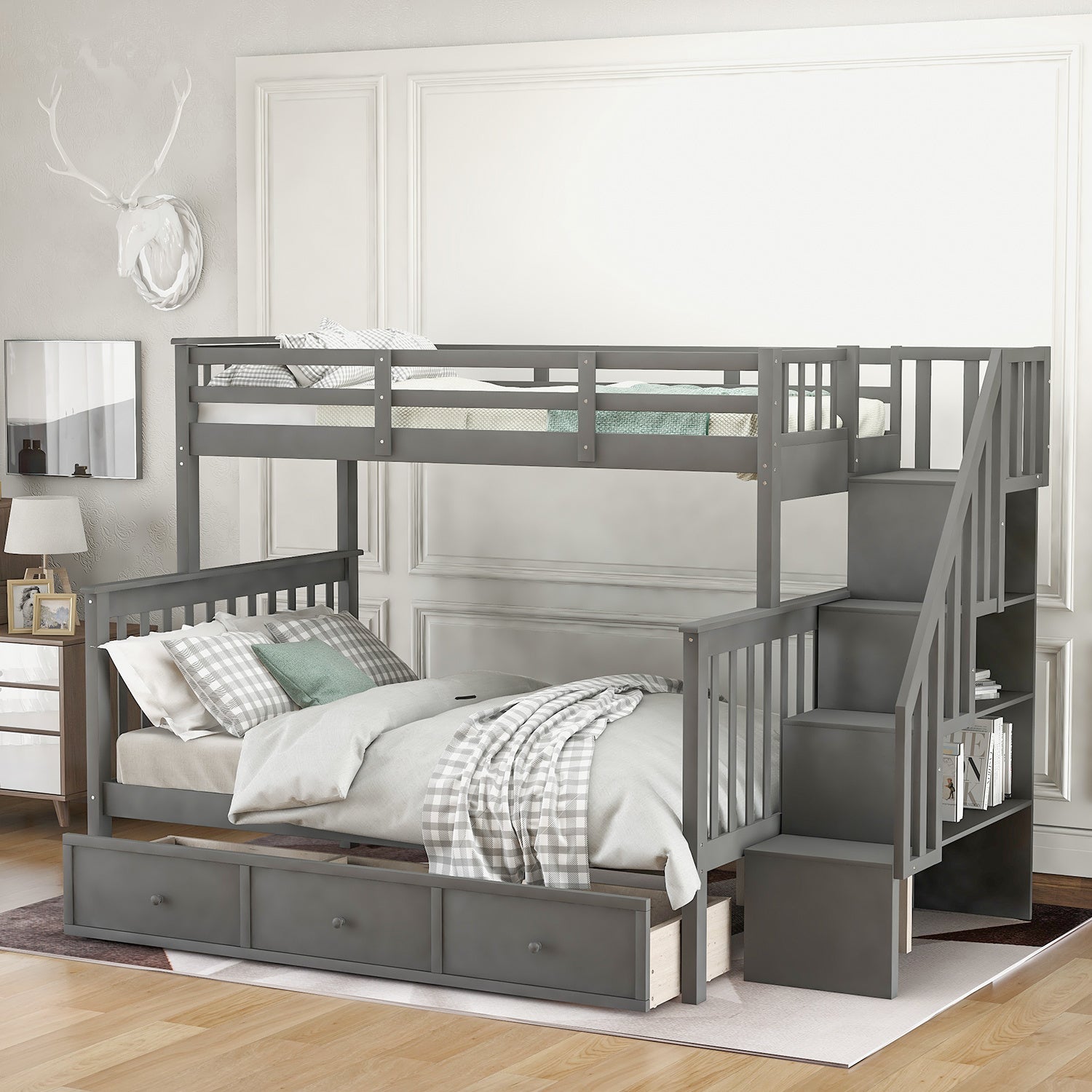 Stairway Twin-Over-Full Bunk Bed with Drawer;  Storage and Guard Rail for Bedroom;  Dorm;  for Adults