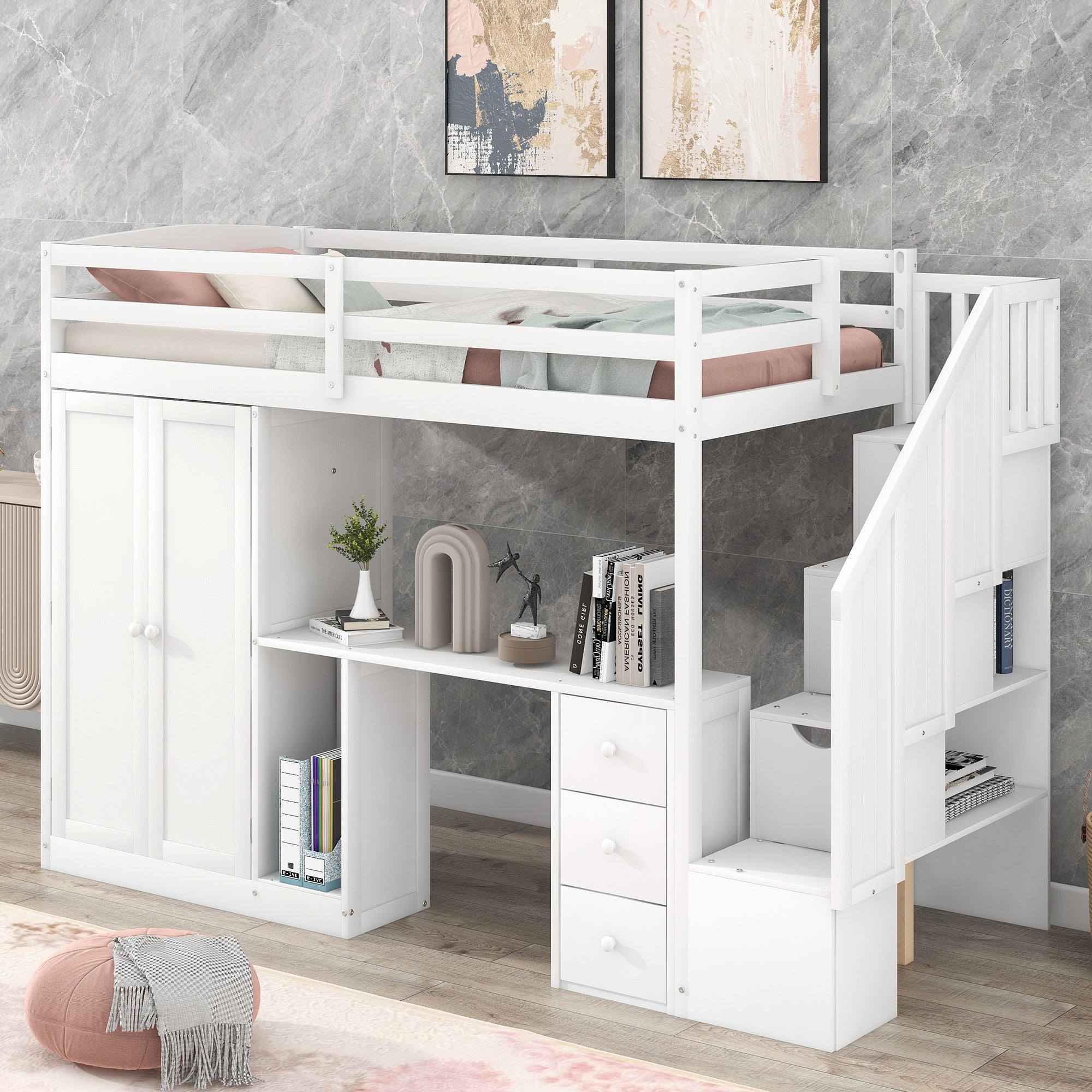 Twin Size Loft Bed with Wardrobe and Staircase;  Desk and Storage Drawers and Cabinet in 1