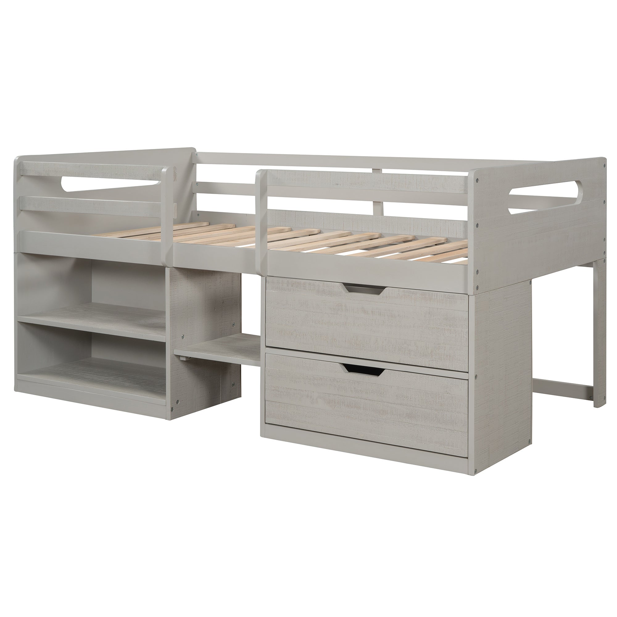 Twin size Loft Bed with Two Shelves and Two drawers