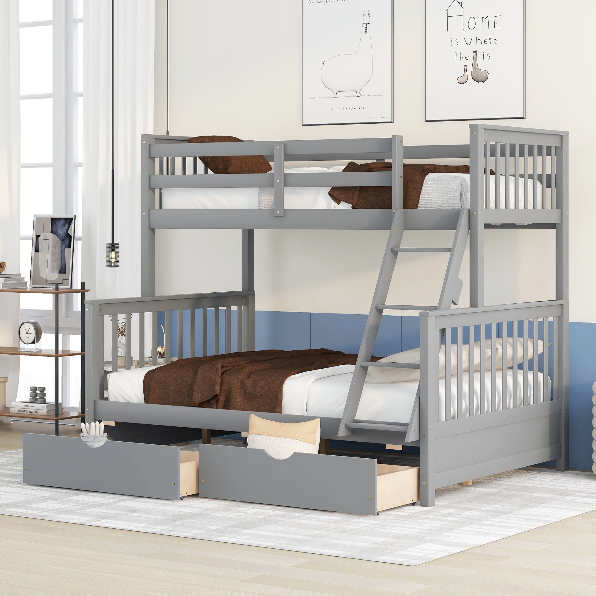 Twin-Over-Full Bunk Bed with Ladders and Two Storage Drawers