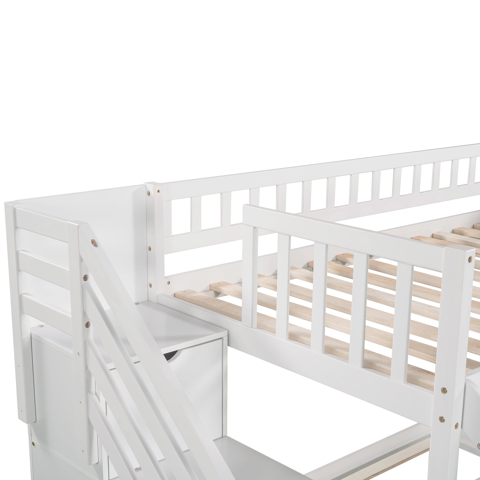 Stairway Twin over Twin Bunk Bed with Two Drawers and Slide