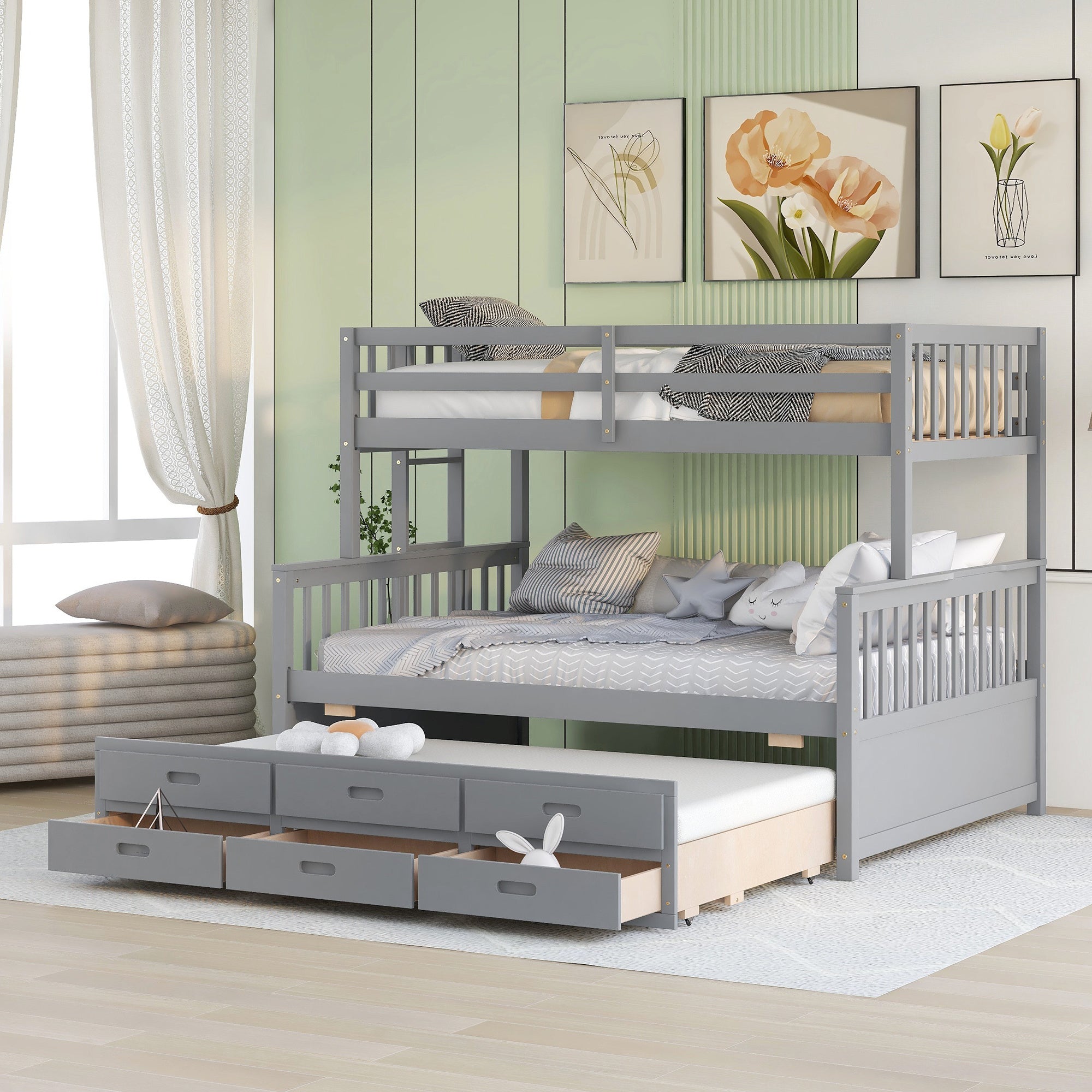 Twin-Over-Full Bunk Bed with Twin size Trundle ;  Separable Bunk Bed with Drawers for Bedroom