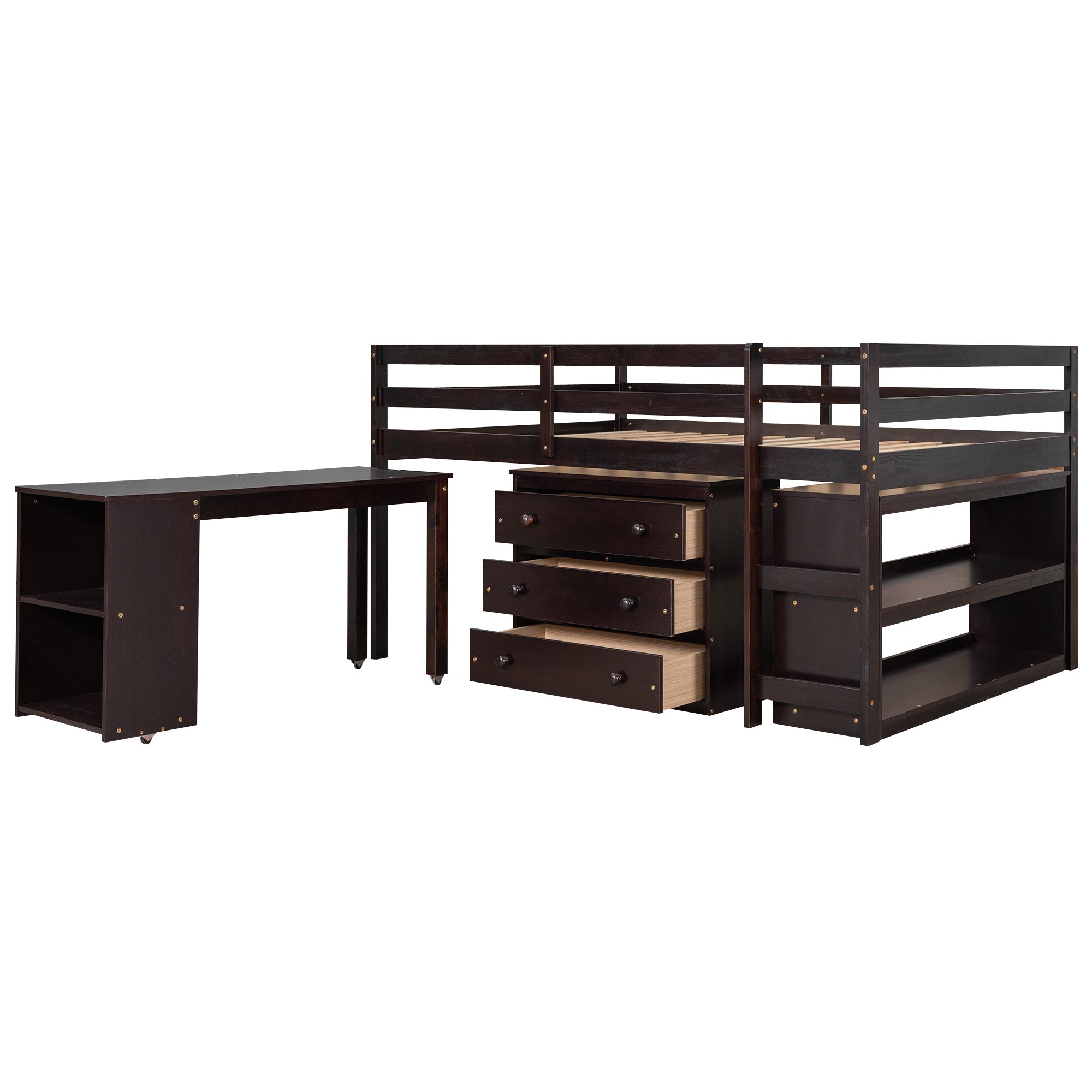 Low Study Full Loft Bed with Cabinet ; Shelves and Rolling Portable Desk ; Multiple Functions Bed