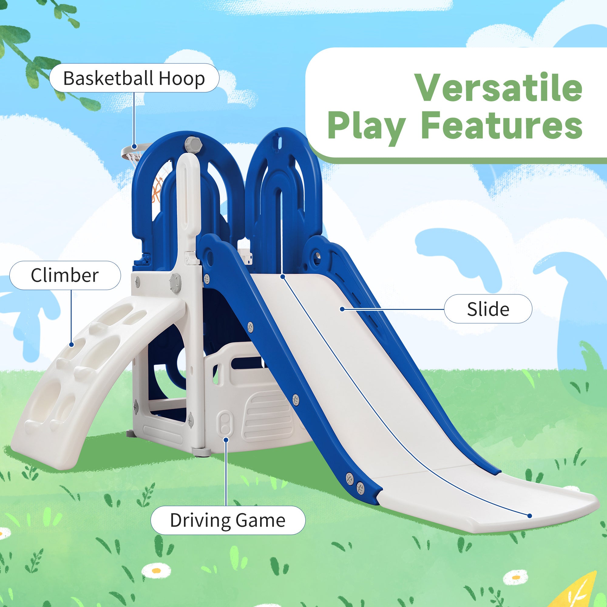 Toddler Climber and Slide Set 4 in 1, Kids Playground Climber Freestanding Slide Playset with Basketball Hoop Play Combination for Babies Indoor & Outdoor