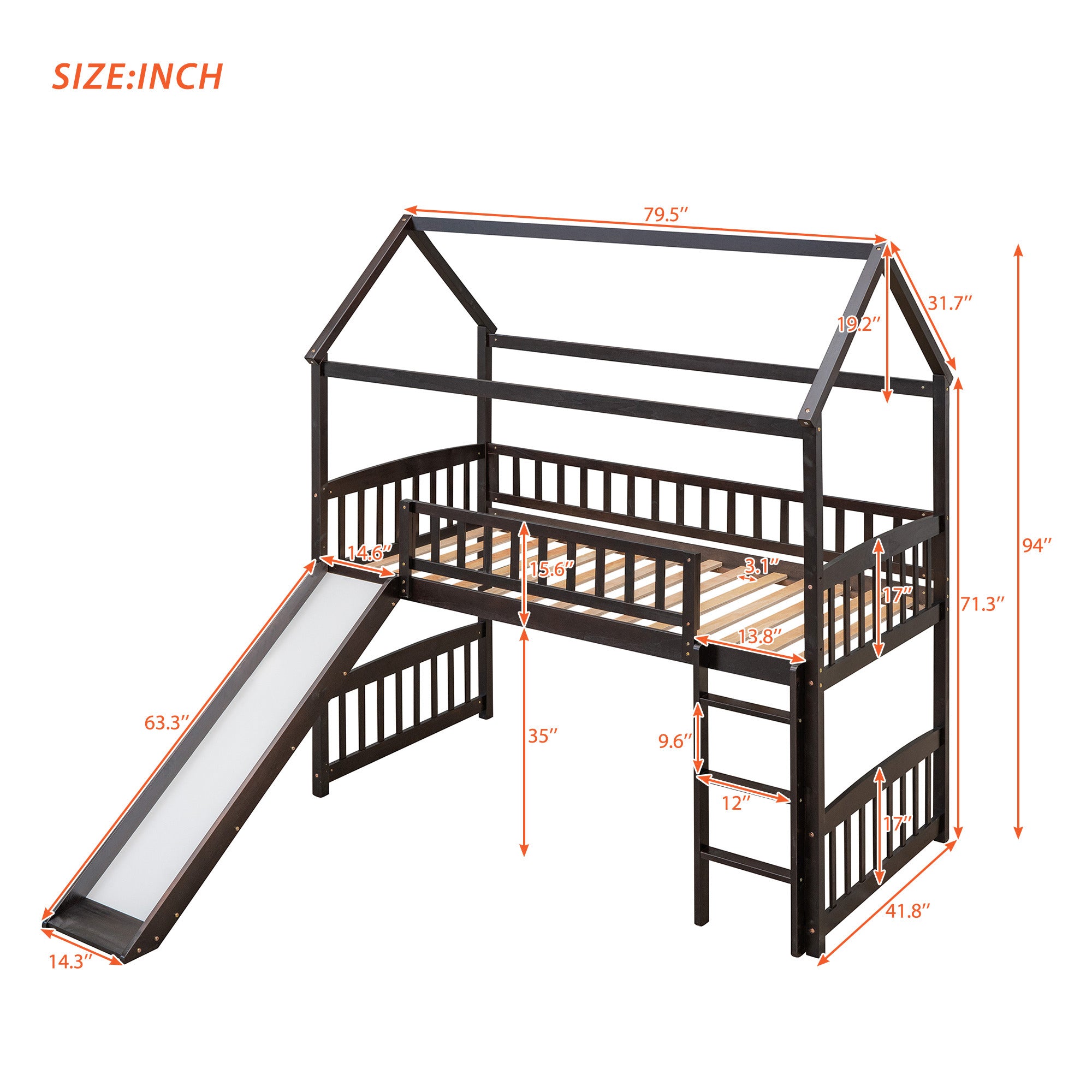 Twin Loft Bed with Slide;  House Bed with Slide