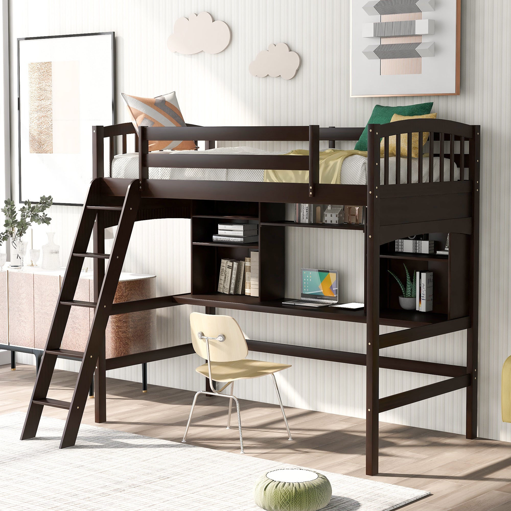 Twin size Loft Bed with Storage Shelves;  Desk and Ladder