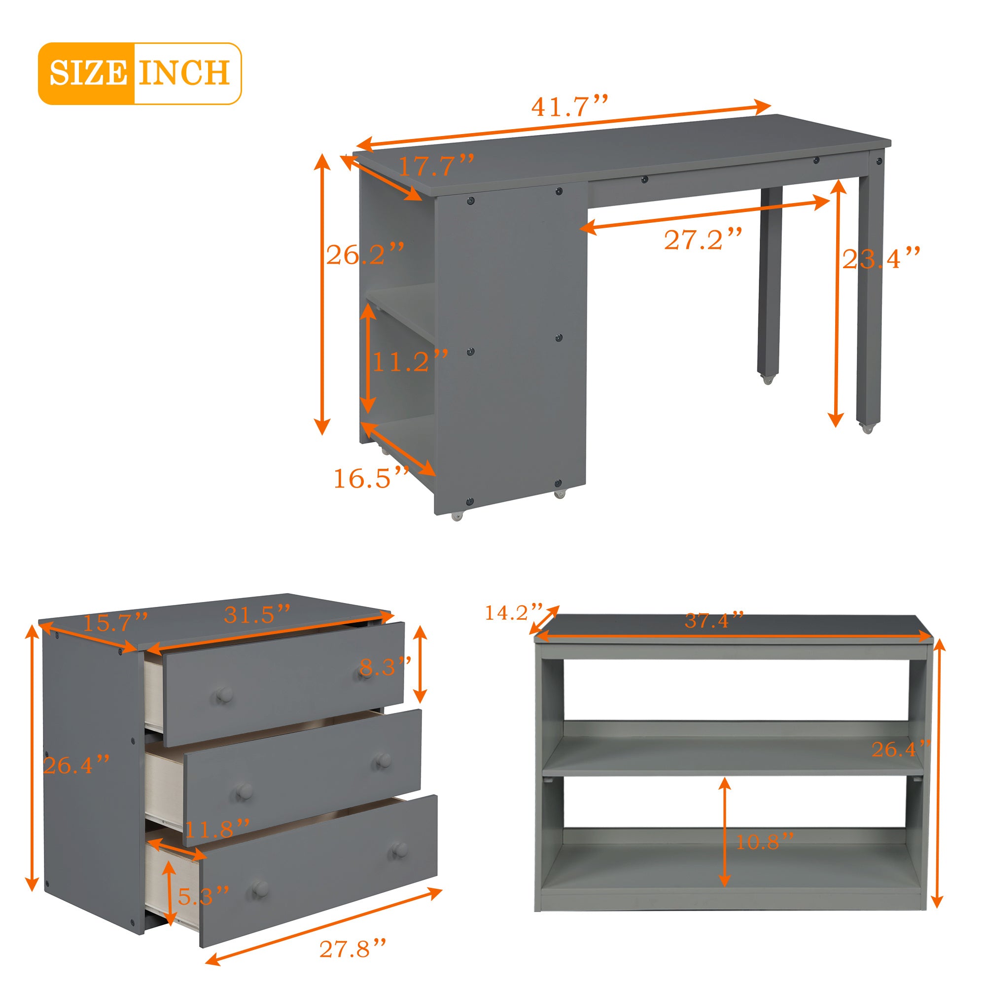 Low Study Twin Loft Bed with Cabinet and Rolling Portable Desk