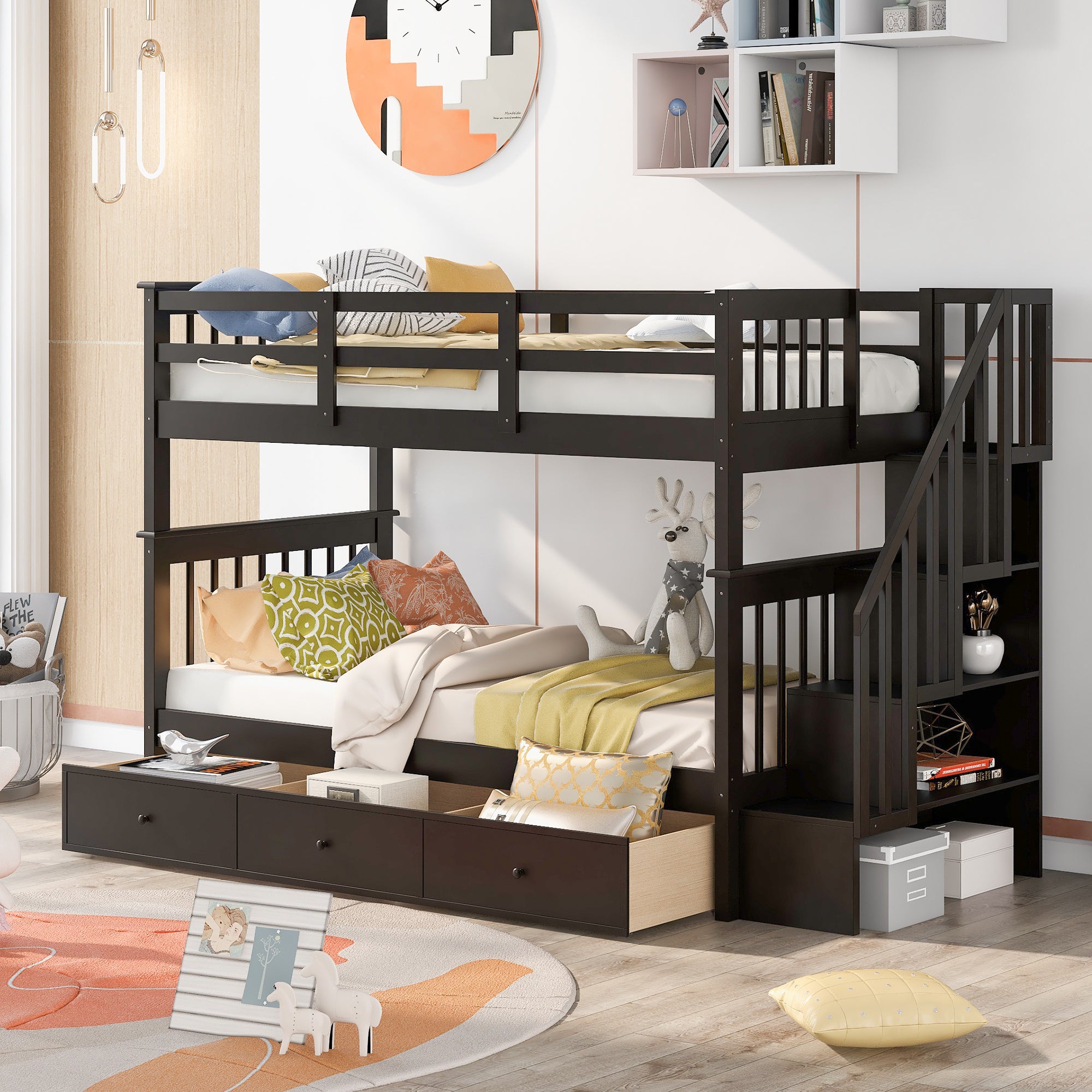 Stairway Twin-Over-Twin Bunk Bed with Three Drawers for Bedroom, Dorm - Gray