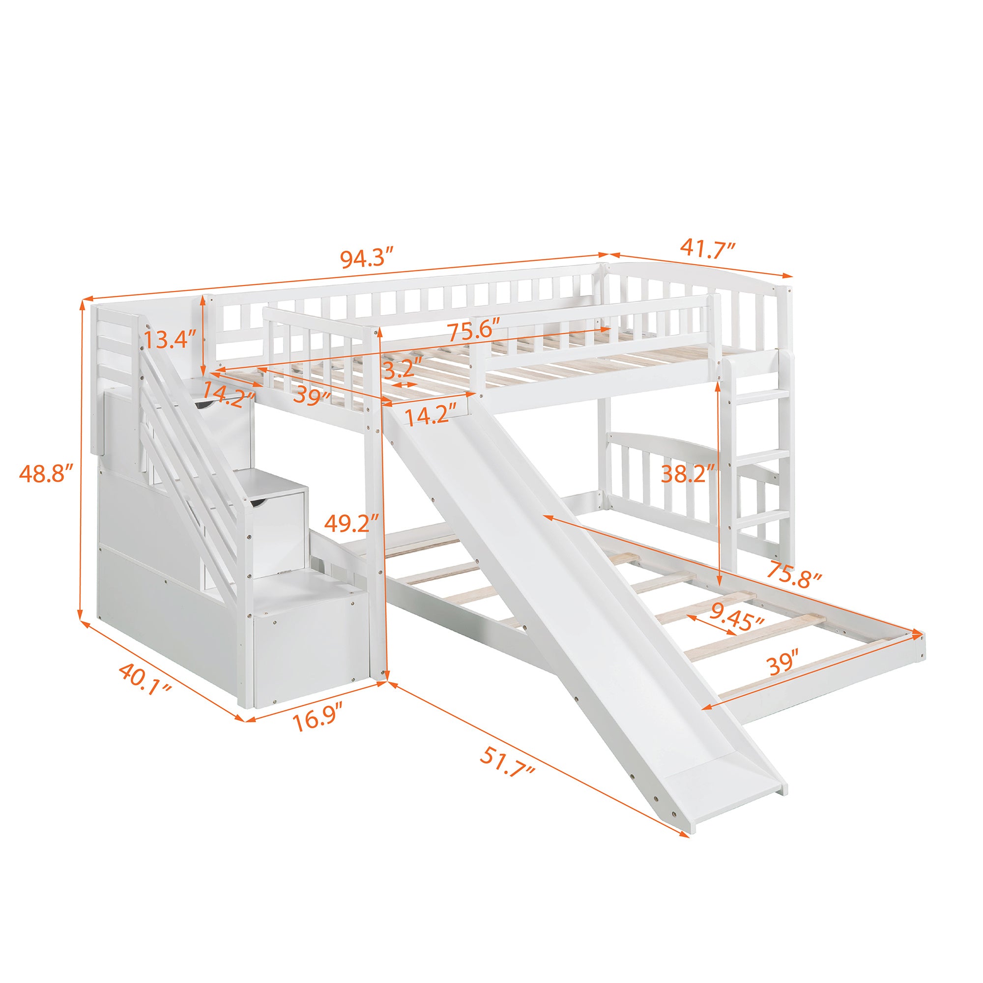 Stairway Twin over Twin Bunk Bed with Two Drawers and Slide