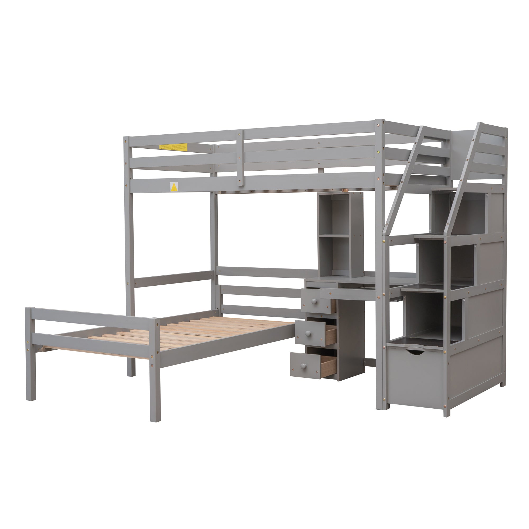 Twin Size Loft Bed with a Stand-alone Bed;  Storage Staircase;  Desk;  Shelves and Drawers