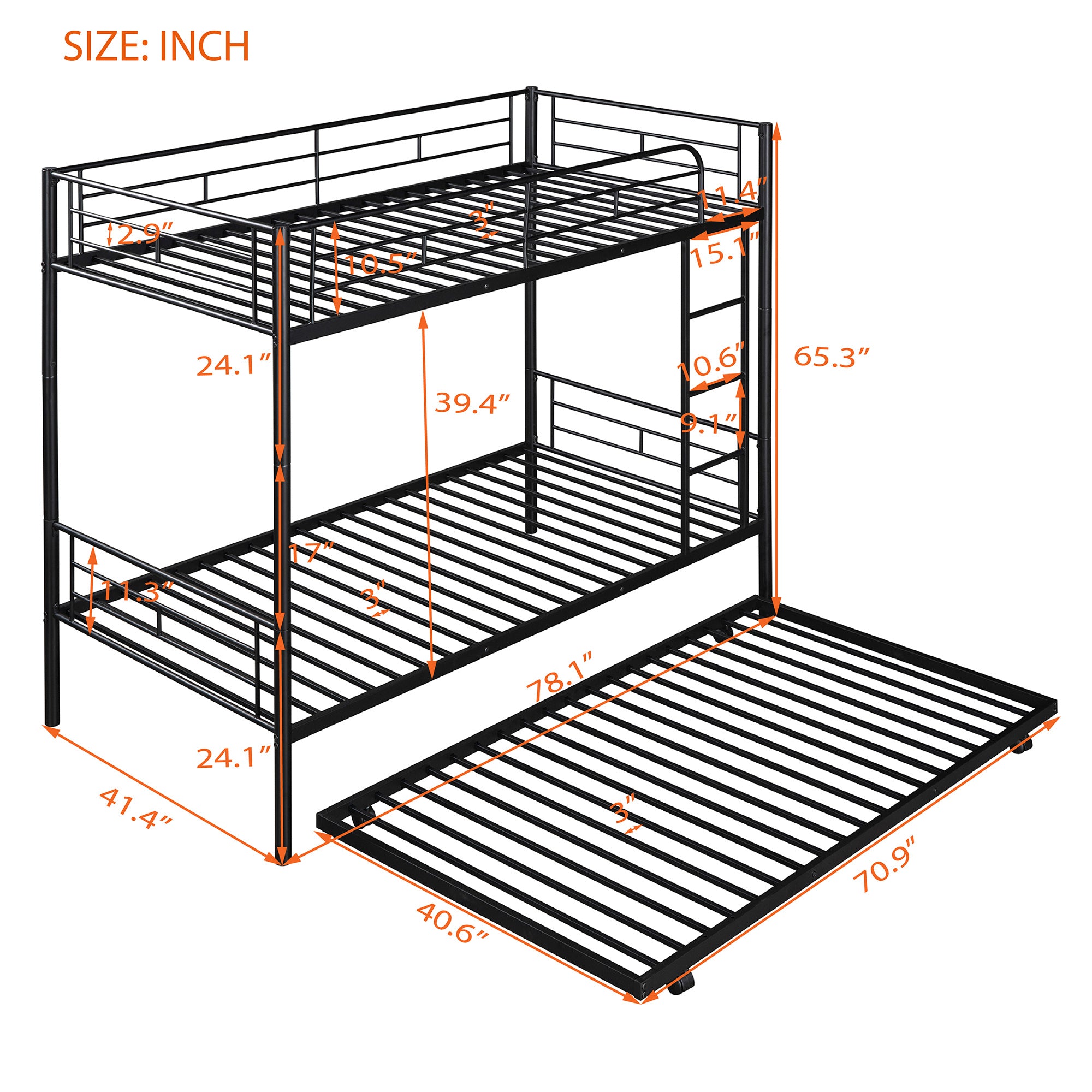 Twin-Over-Twin Metal Bunk Bed With Trundle,Can be Divided into two beds,No Box Spring needed