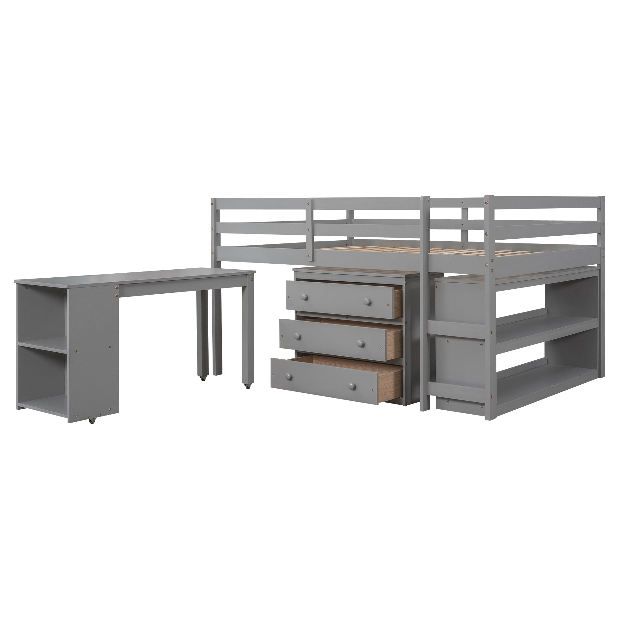 Low Study Full Loft Bed with Cabinet ; Shelves and Rolling Portable Desk ; Multiple Functions Bed