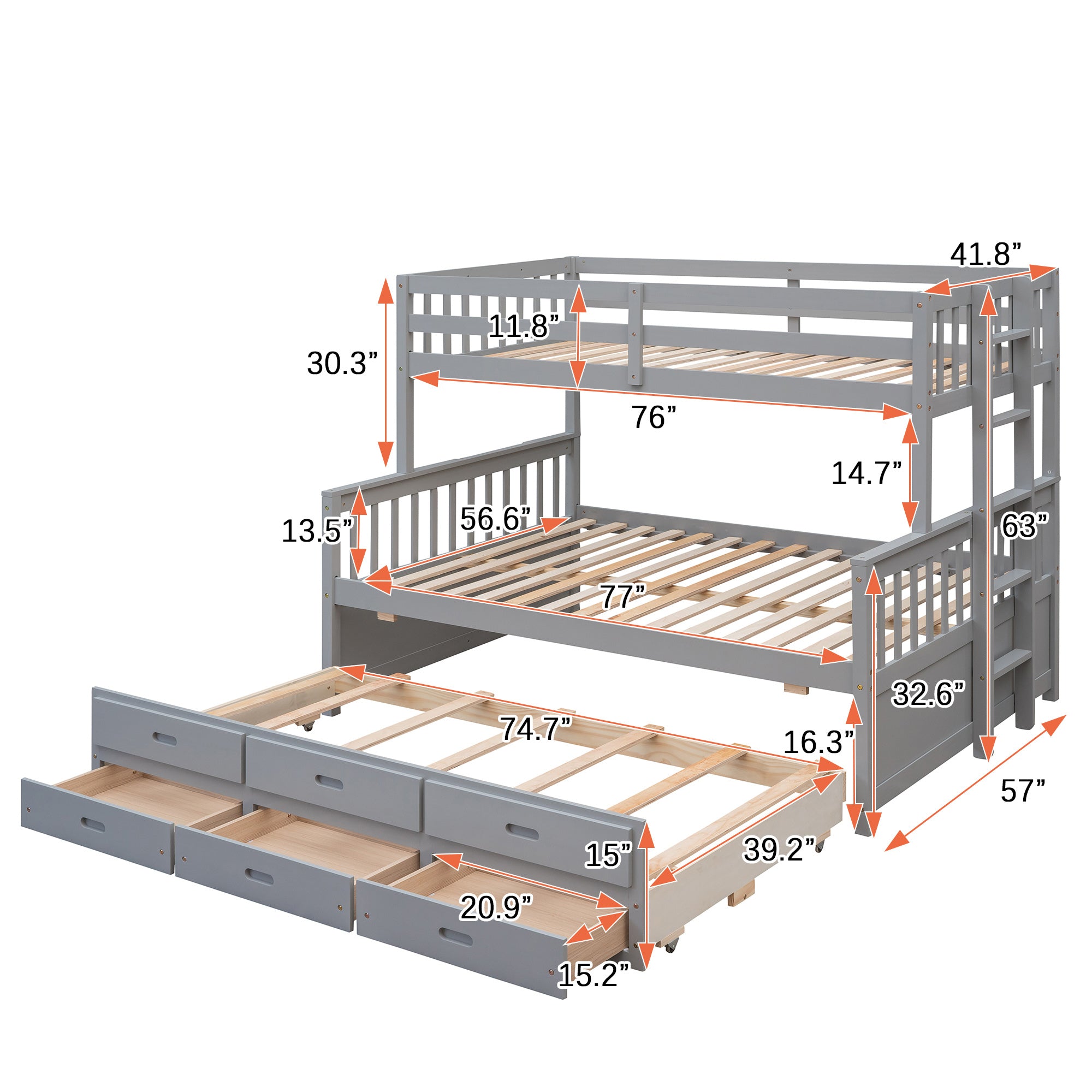 Twin-Over-Full Bunk Bed with Twin size Trundle ;  Separable Bunk Bed with Drawers for Bedroom