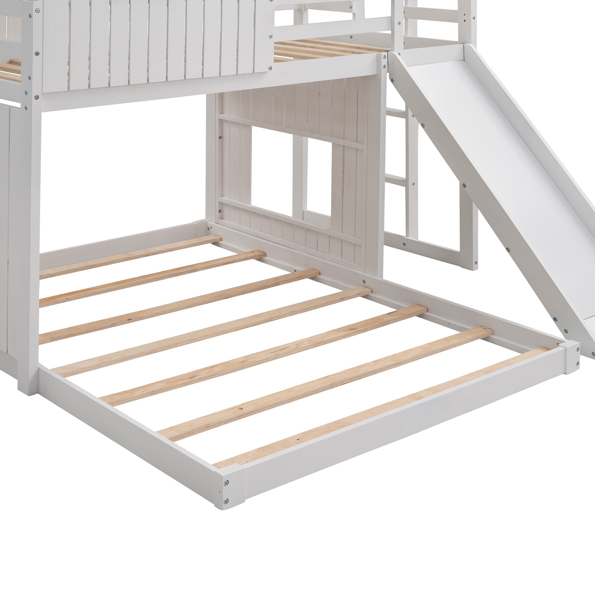 Wooden Twin Over Full Bunk Bed, Loft Bed with Playhouse, Farmhouse, Ladder, Slide and Guardrails