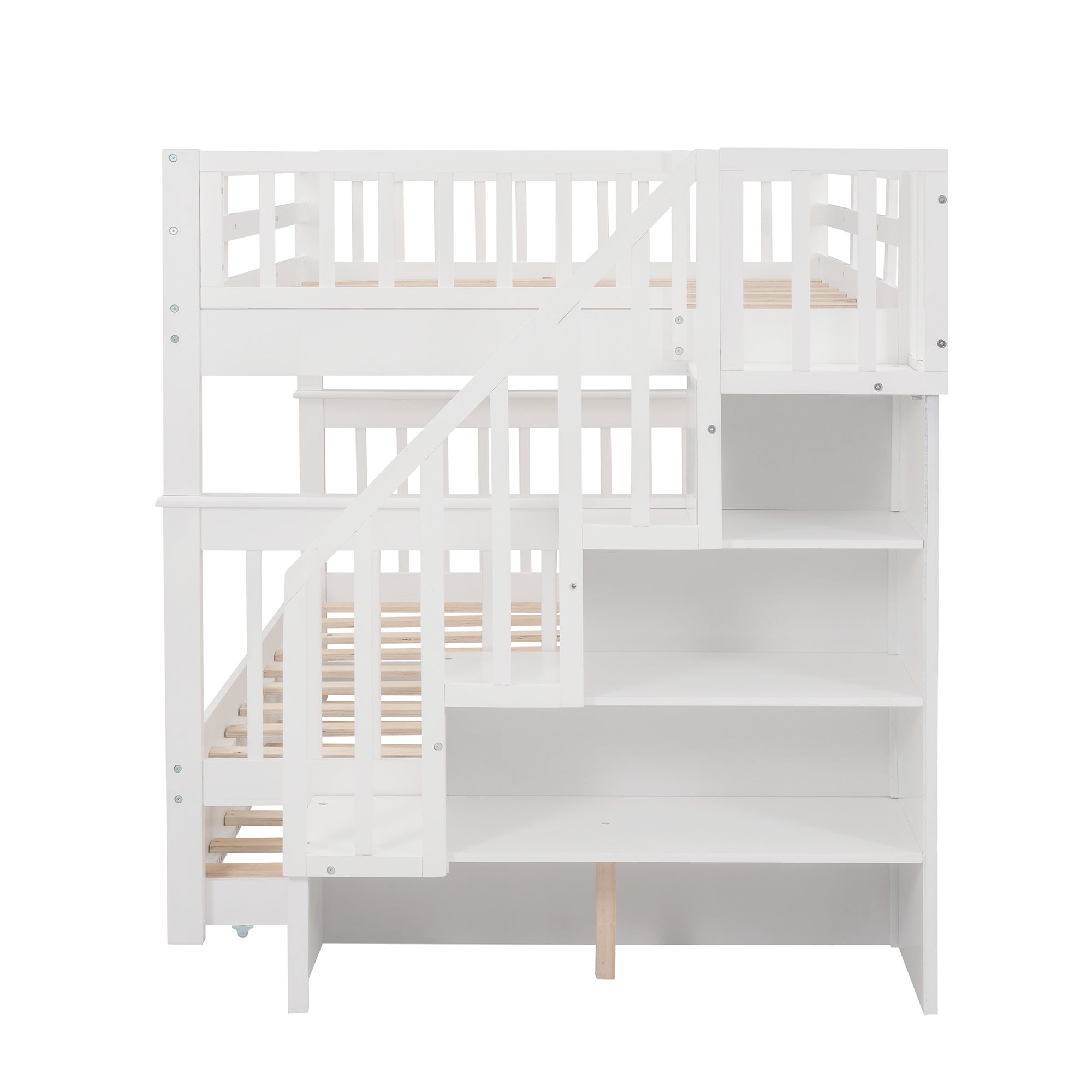 Stairway Full-Over-Full Bunk Bed with Twin size Trundle;  Storage and Guard Rail for Bedroom;  Dorm