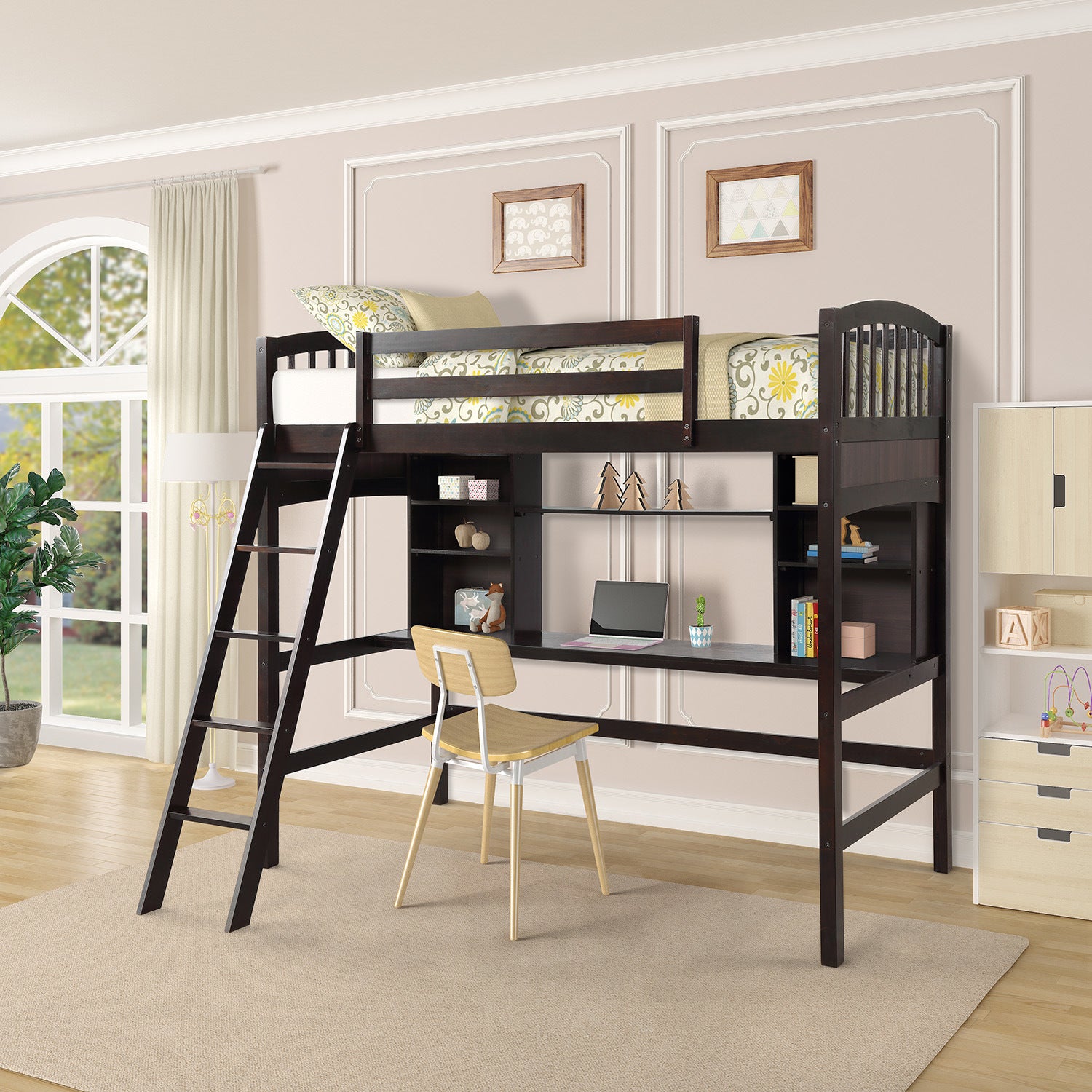 Twin size Loft Bed with Storage Shelves;  Desk and Ladder