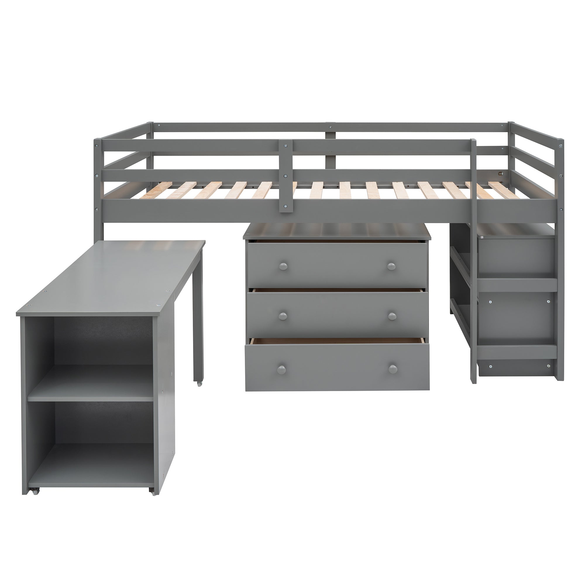 Low Study Twin Loft Bed with Cabinet and Rolling Portable Desk