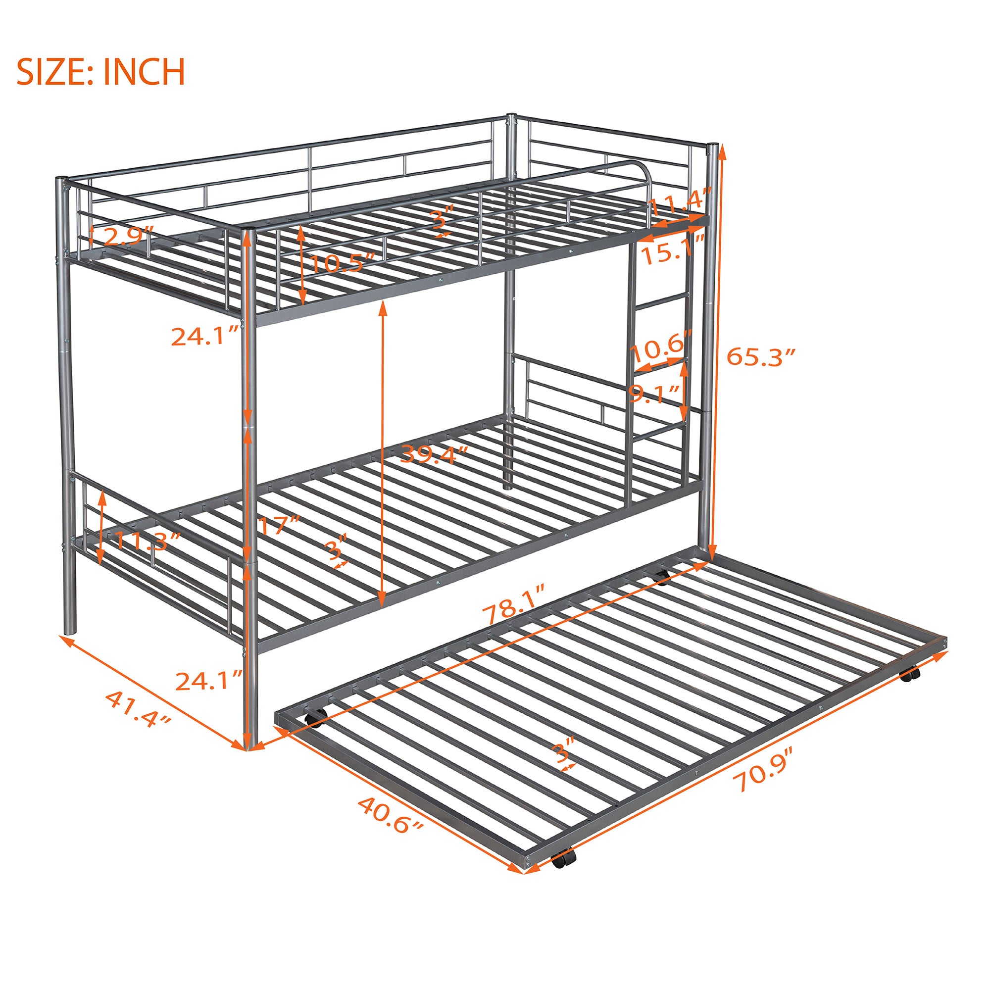 Twin-Over-Twin Metal Bunk Bed With Trundle,Can be Divided into two beds,No Box Spring needed