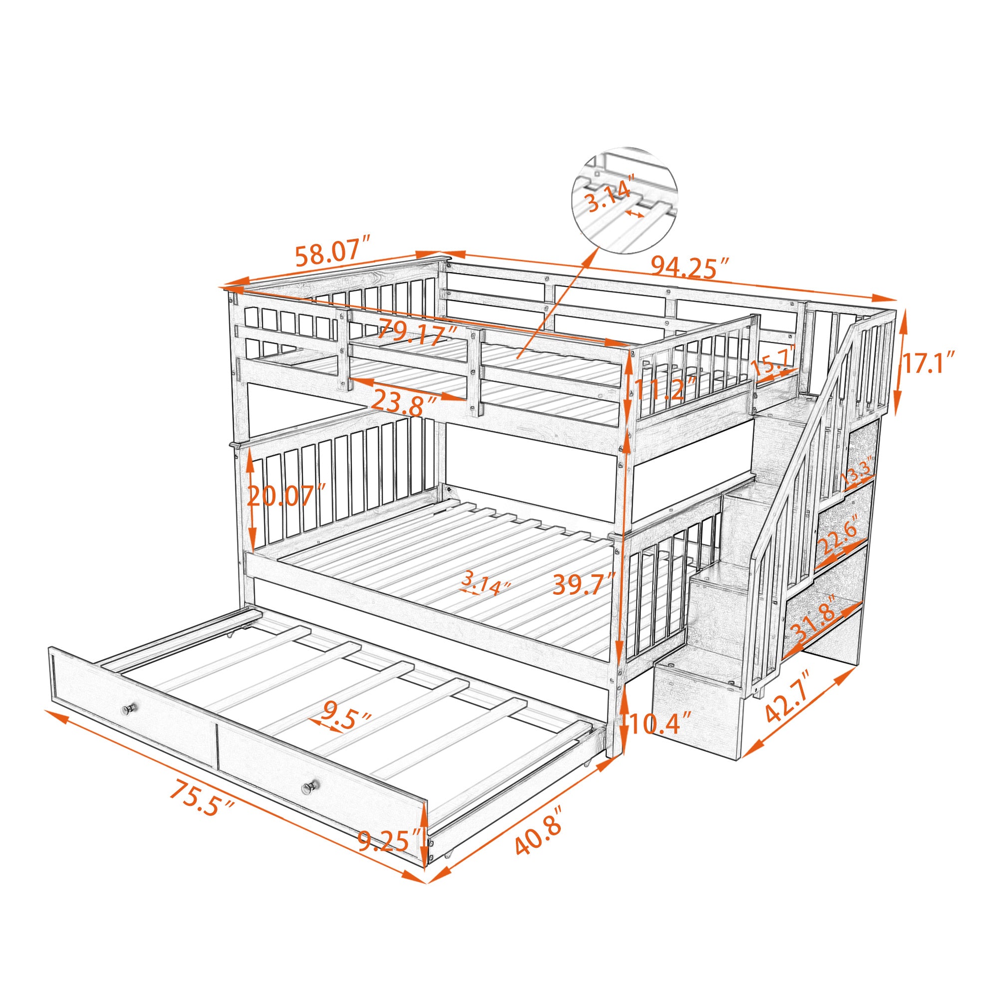 Stairway Full-Over-Full Bunk Bed with Twin size Trundle;  Storage and Guard Rail for Bedroom;  Dorm