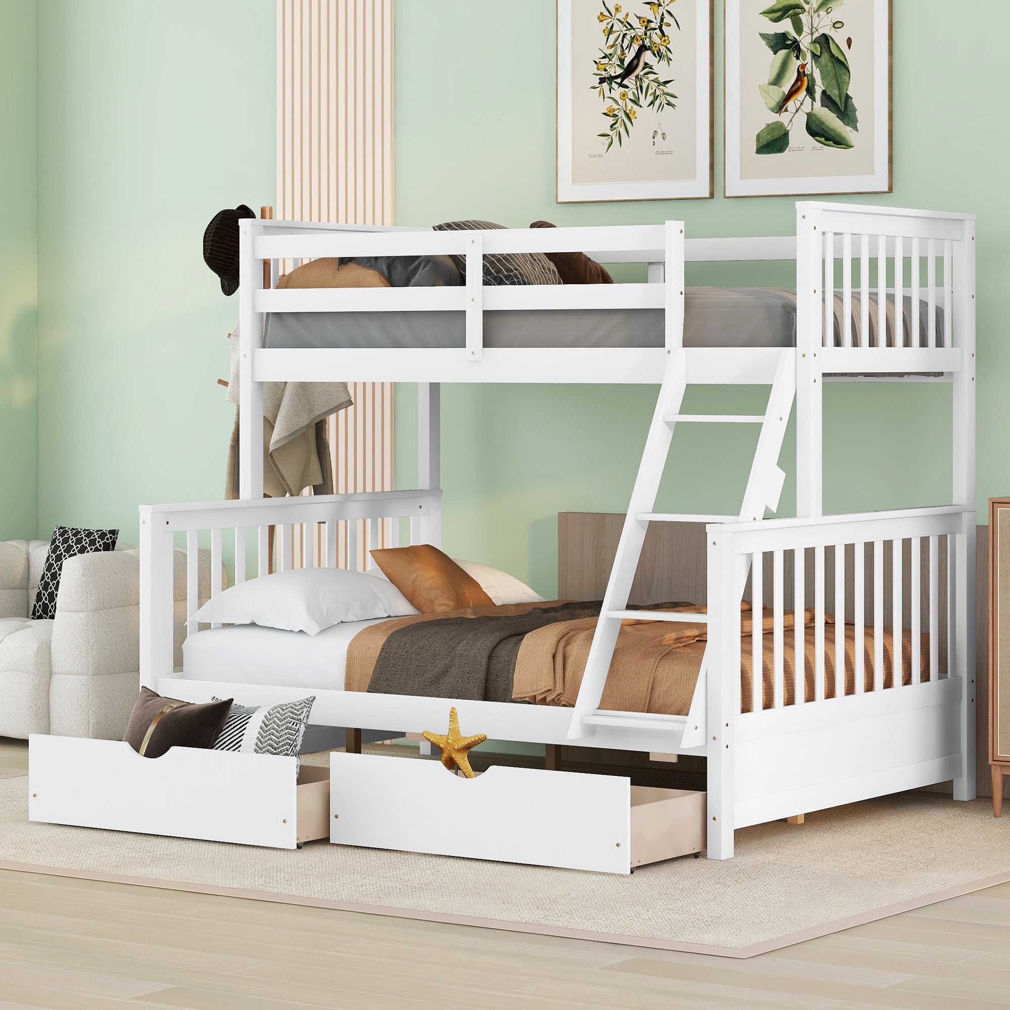 Twin-Over-Full Bunk Bed with Ladders and Two Storage Drawers