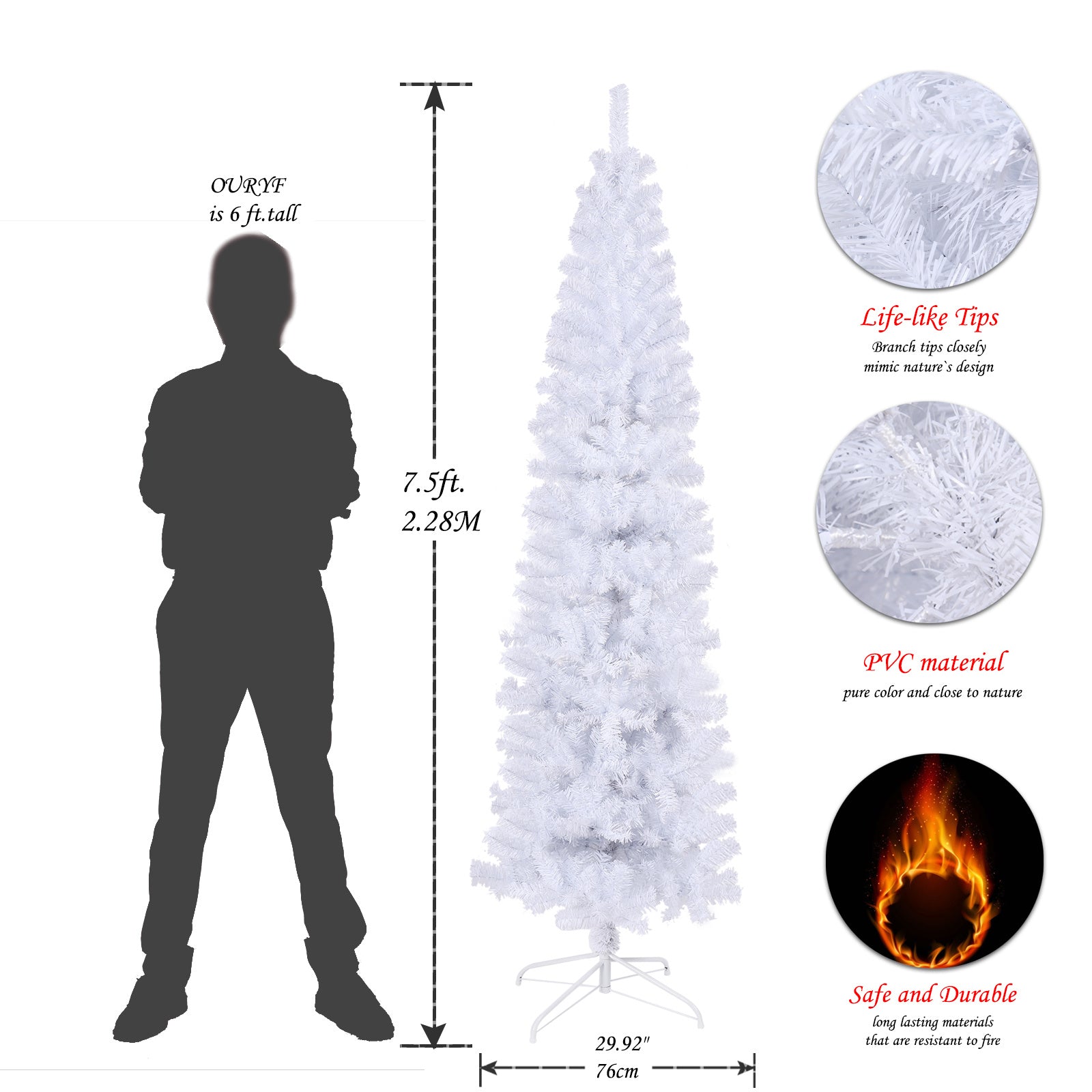 7.5FT White Slim Artificial Christmas Tree Includes Foldable Metal Stand