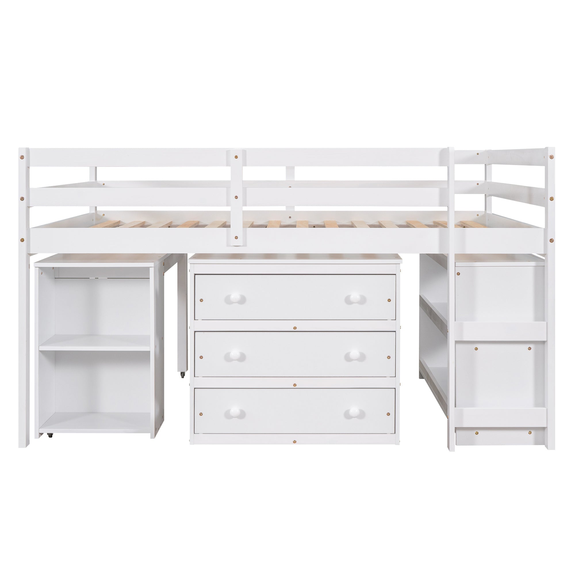 Low Study Full Loft Bed with Cabinet ; Shelves and Rolling Portable Desk ; Multiple Functions Bed