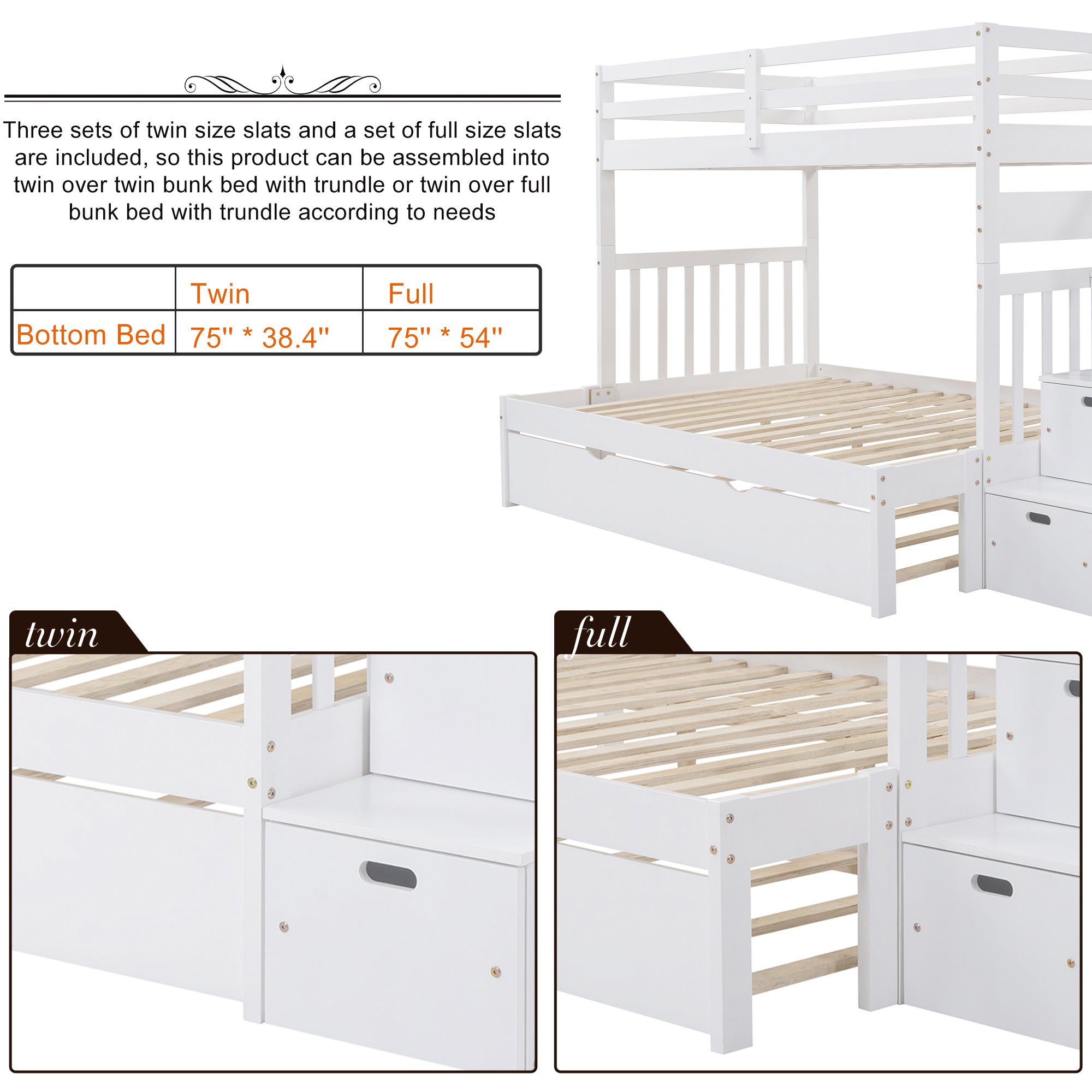 Twin over Twin/Full Bunk Bed with Twin Size Trundle