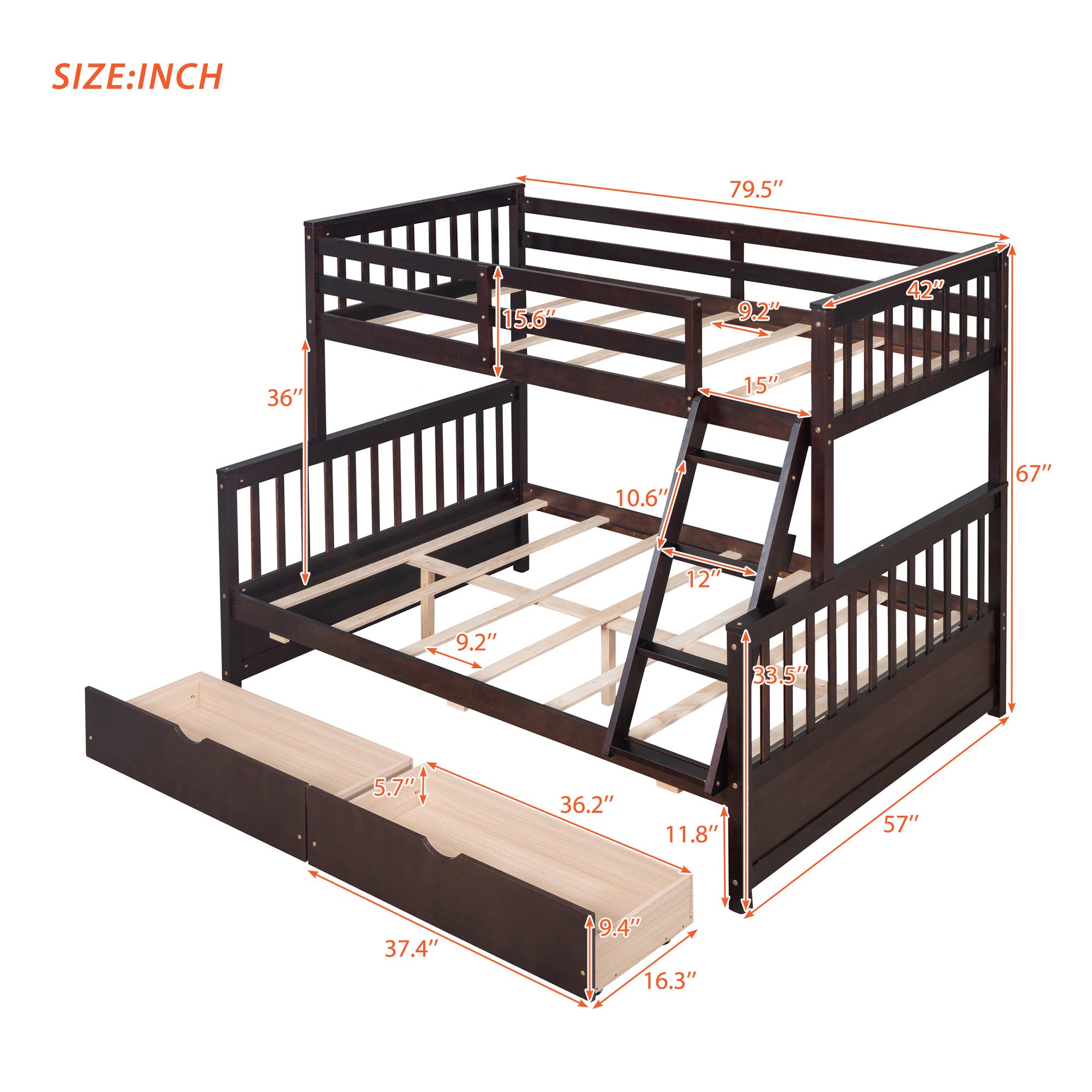 Twin-Over-Full Bunk Bed with Ladders and Two Storage Drawers