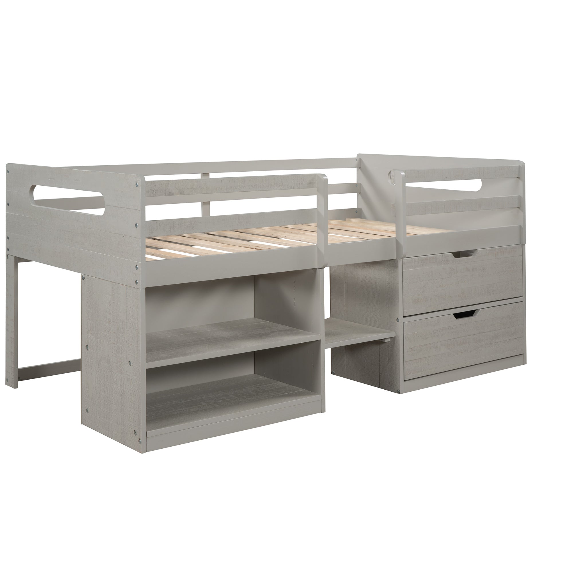 Twin size Loft Bed with Two Shelves and Two drawers