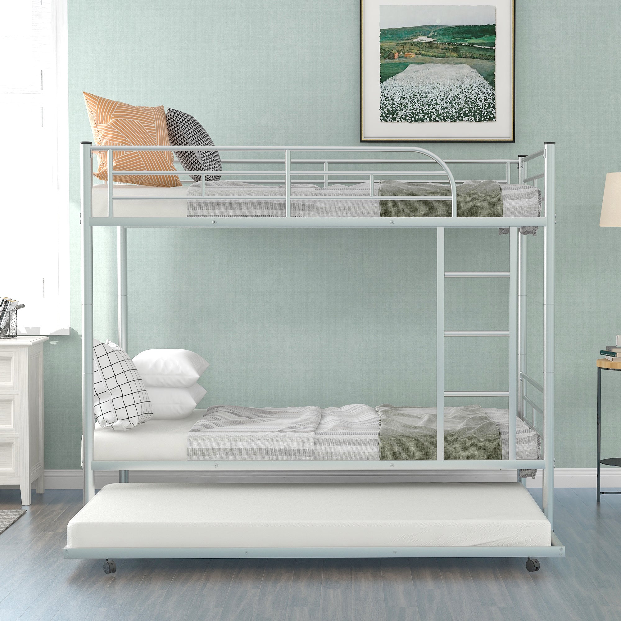 Twin-Over-Twin Metal Bunk Bed With Trundle,Can be Divided into two beds,No Box Spring needed