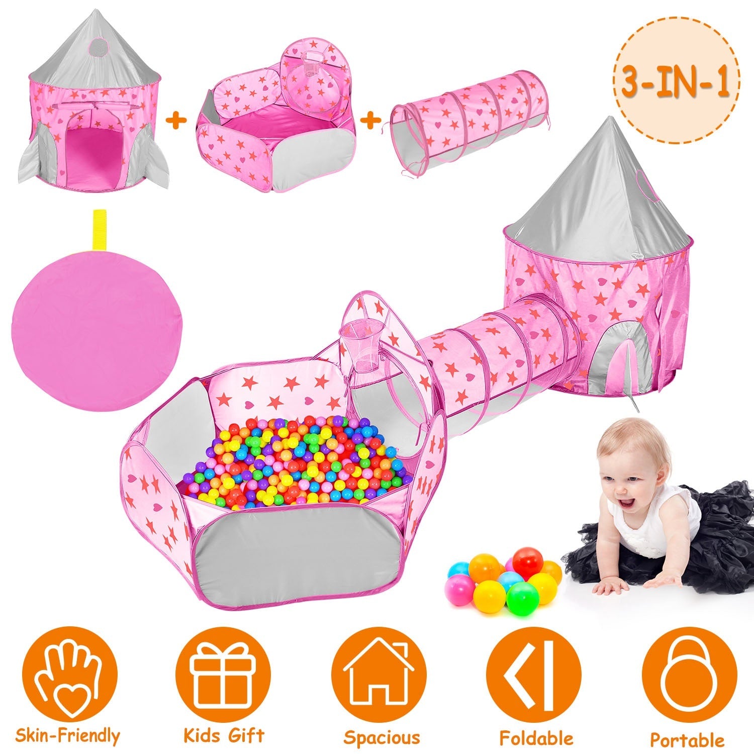 3 In 1 Child Crawl Tunnel Tent Kids Play Tent Ball Pit Set Foldable Children Play House Pop-up Kids Tent w/Storage Bag