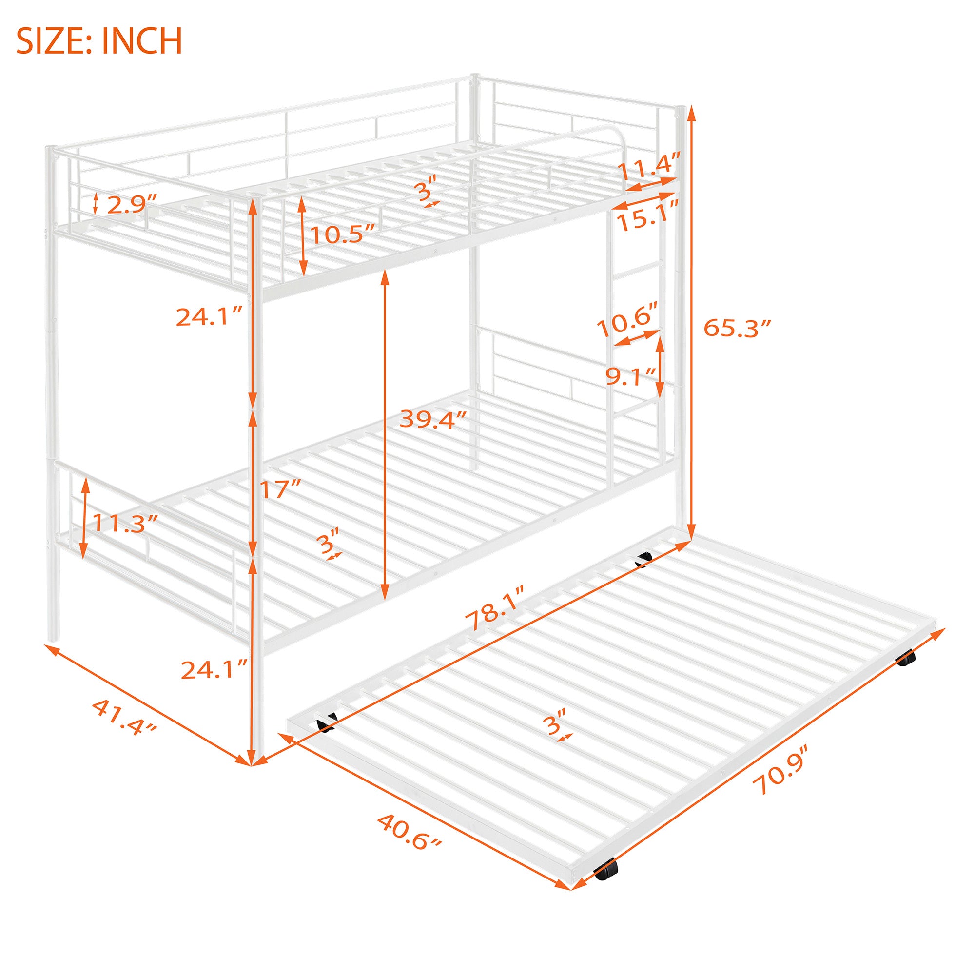 Twin-Over-Twin Metal Bunk Bed With Trundle,Can be Divided into two beds,No Box Spring needed