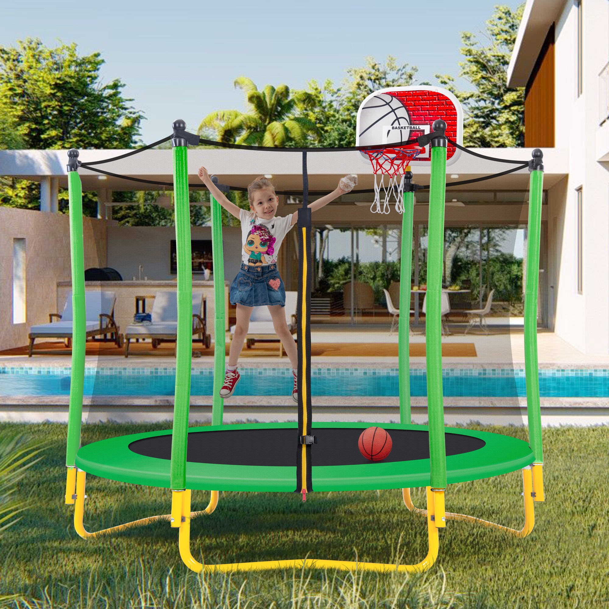 5.5FT Trampoline for Kids - 65" Outdoor & Indoor Mini Toddler Trampoline with Enclosure, Basketball Hoop and Ball Included